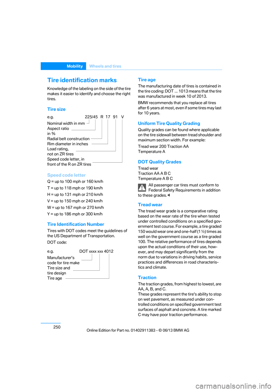 BMW 3 SERIES CONVERTIBLE 2013 E93 Owners Manual 250
MobilityWheels and tires
Tire identification marks
Knowledge of the labeling on the side of the tire 
makes it easier to identify and choose the right 
tires.
Tire size
Speed code letter
Q = up to