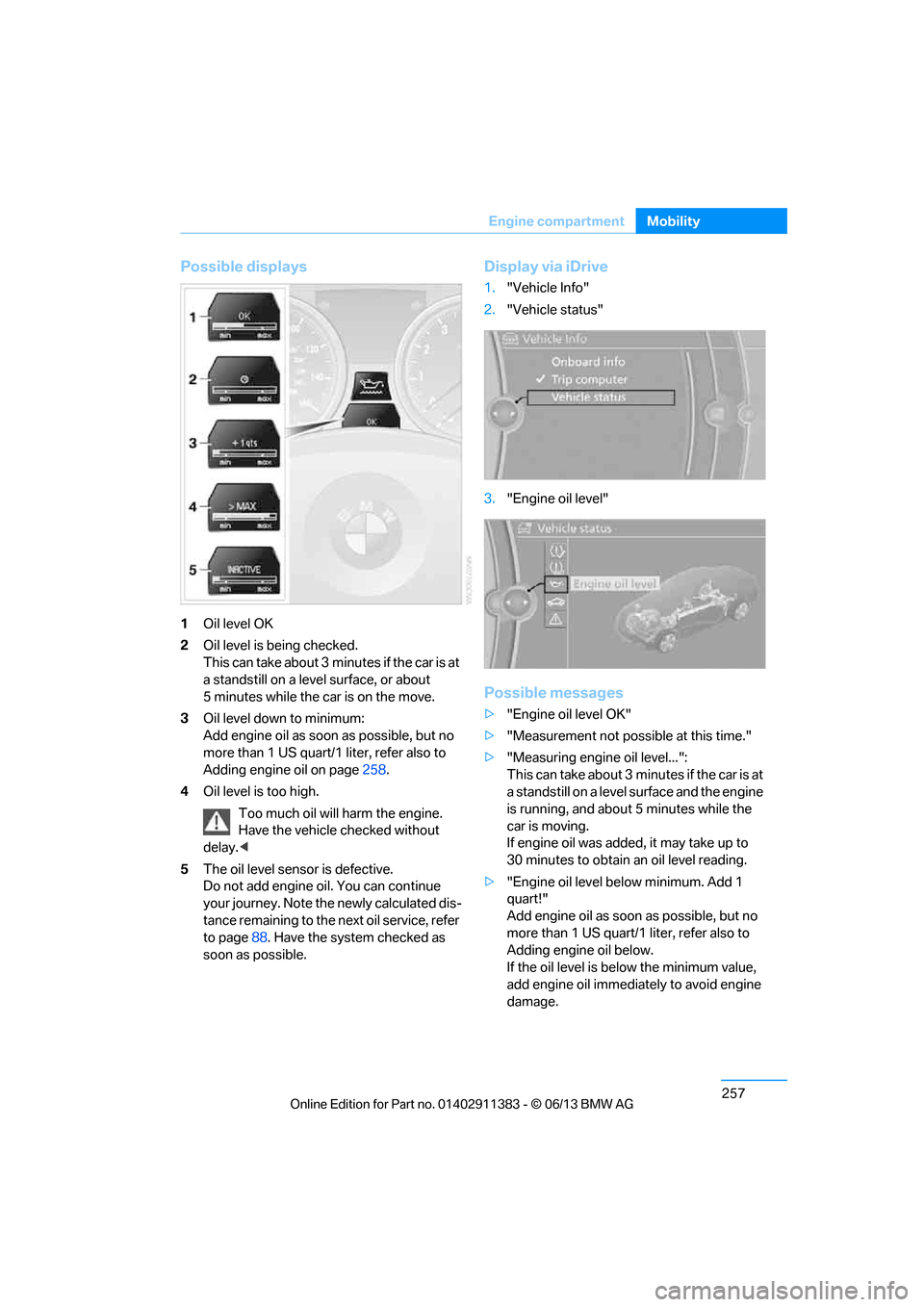 BMW 3 SERIES CONVERTIBLE 2013 E93 Owners Manual 257
Engine compartment
Mobility
Possible displays
1
Oil level OK
2 Oil level is  being checked.
This can take about 3 min utes if the car is at 
a standstill on a level surface, or about 
5 minutes wh