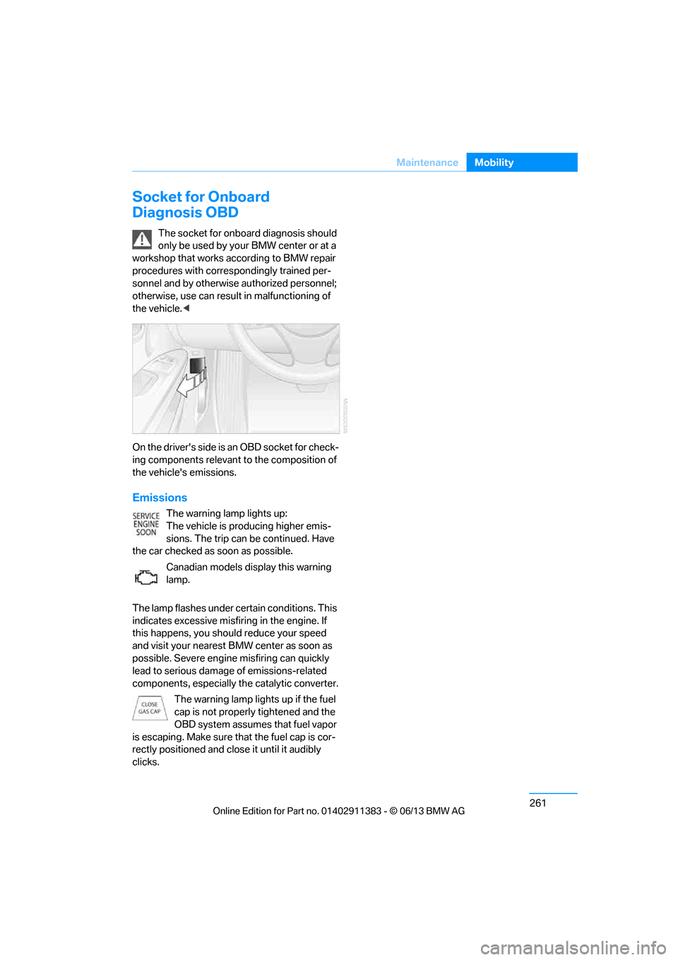 BMW 3 SERIES CONVERTIBLE 2013 E93 Owners Manual 261
Maintenance
Mobility
Socket for Onboard 
Diagnosis OBD
The socket for onboard diagnosis should 
only be used by your BMW center or at a 
workshop that works according to BMW repair 
procedures wit