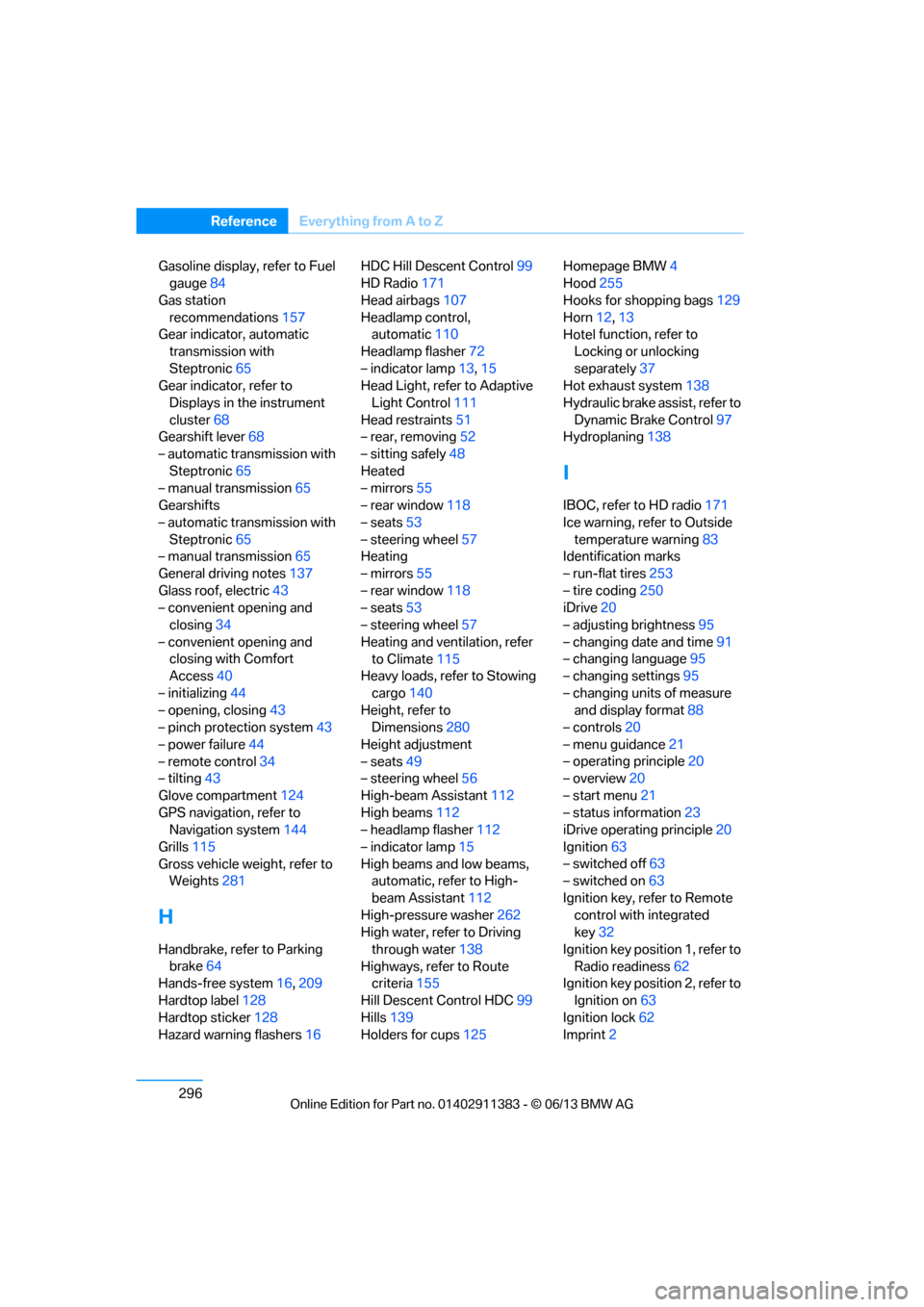 BMW 3 SERIES CONVERTIBLE 2013 E93 Service Manual 296
ReferenceEverything from A to Z
Gasoline display, refer to Fuel 
gauge 84
Gas station  recommendations 157
Gear indicator, automatic 
transmission with 
Steptronic 65
Gear indicator, refer to 
Dis