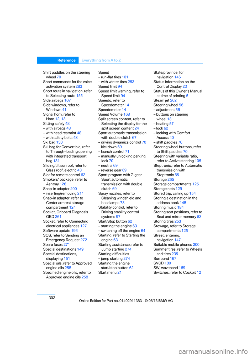 BMW 3 SERIES CONVERTIBLE 2013 E93 Service Manual 302
ReferenceEverything from A to Z
Shift paddles on the steering 
wheel 70
Short commands for the voice  activation system 283
Short route in navigation, refer 
to Selecting route 155
Side airbags 10