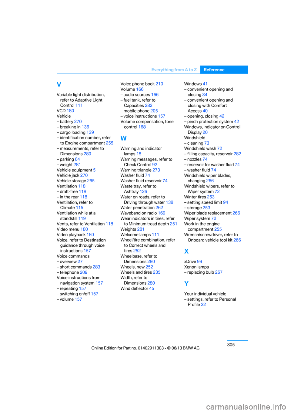 BMW 3 SERIES CONVERTIBLE 2013 E93 Owners Manual 305
Everything from A to Z
Reference
V
Variable light distribution, 
refer to Adaptive Light 
Control 111
VCD 180
Vehicle
– battery 270
– breaking in 136
– cargo loading 139
– identification n