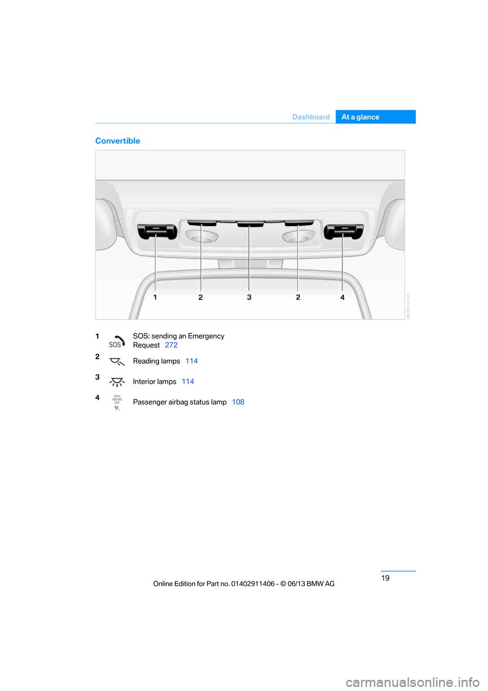 BMW M3 CONVERTIBLE 2013 E93 Owners Guide 19
Dashboard
At a glance
Convertible
1
SOS: sending an Emergency
Request
272
2 Reading lamps 114
3 Interior lamps 114
4 Passenger airbag status lamp 108
00320051004F004C00510048000300280047004C00570 BMW M3 CONVERTIBLE 2013 E93 Owners Guide 19
Dashboard
At a glance
Convertible
1
SOS: sending an Emergency
Request
272
2 Reading lamps 114
3 Interior lamps 114
4 Passenger airbag status lamp 108
00320051004F004C00510048000300280047004C00570