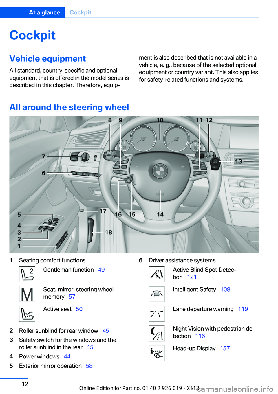 BMW 7 SERIES LONG 2013 F02 Owners Manual CockpitVehicle equipment
All standard, country-specific and optional
equipment that is offered in the model series is
described in this chapter. Therefore, equip‐ment is also described that is not a