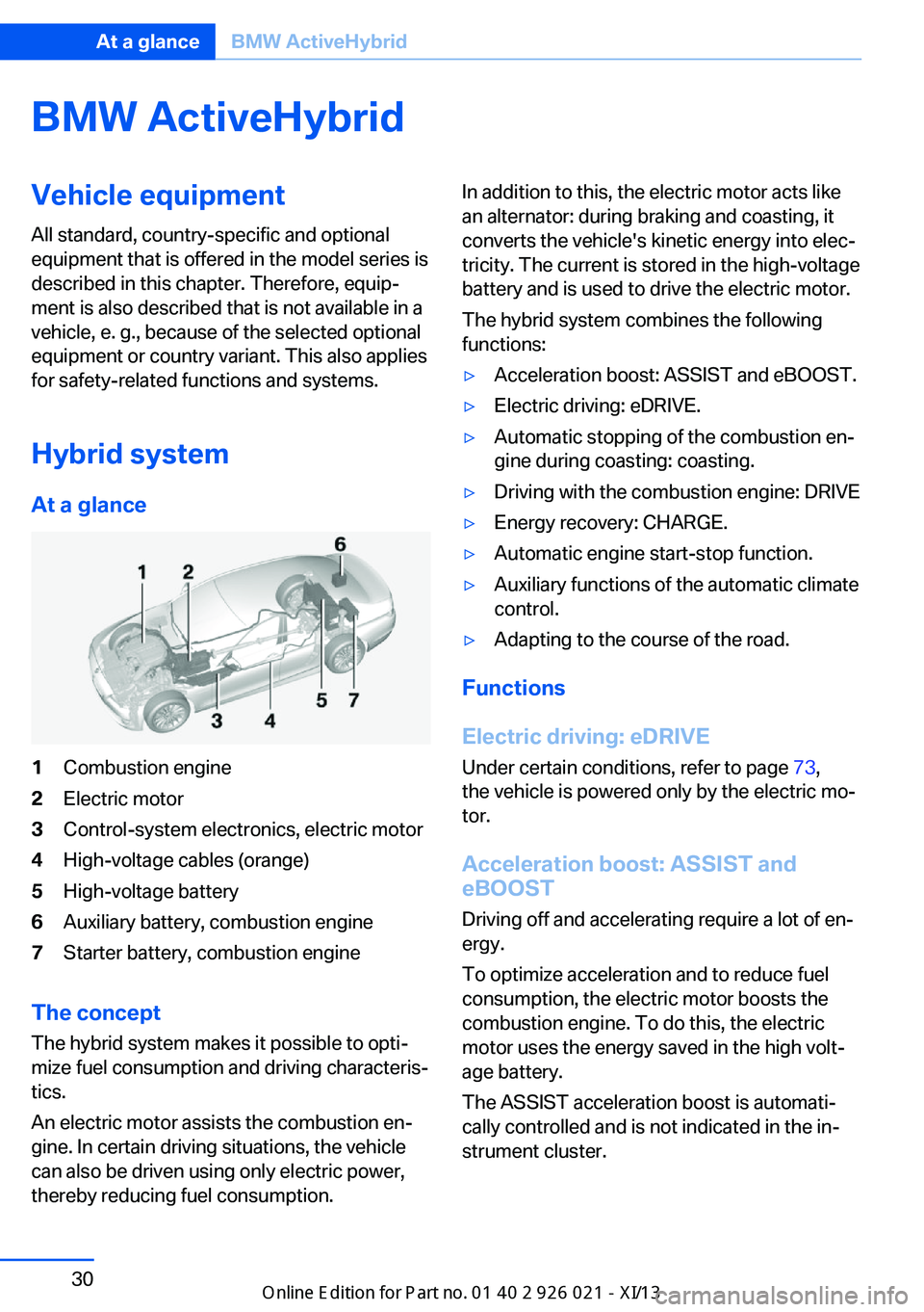 BMW ACTIVE HYBRID 7 2013 F04 Owners Guide BMW ActiveHybridVehicle equipment
All standard, country-specific and optional
equipment that is offered in the model series is
described in this chapter. Therefore, equip‐
ment is also described tha