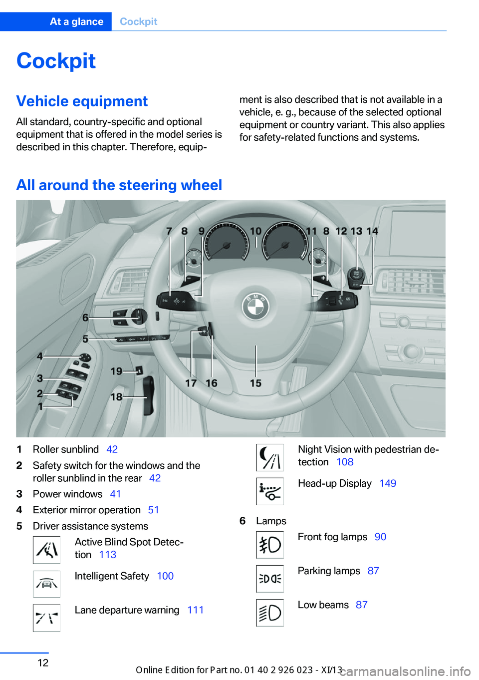 BMW 6 SERIES GRAN COUPE 2013 F06 Owners Manual CockpitVehicle equipment
All standard, country-specific and optional
equipment that is offered in the model series is
described in this chapter. Therefore, equip‐ment is also described that is not a