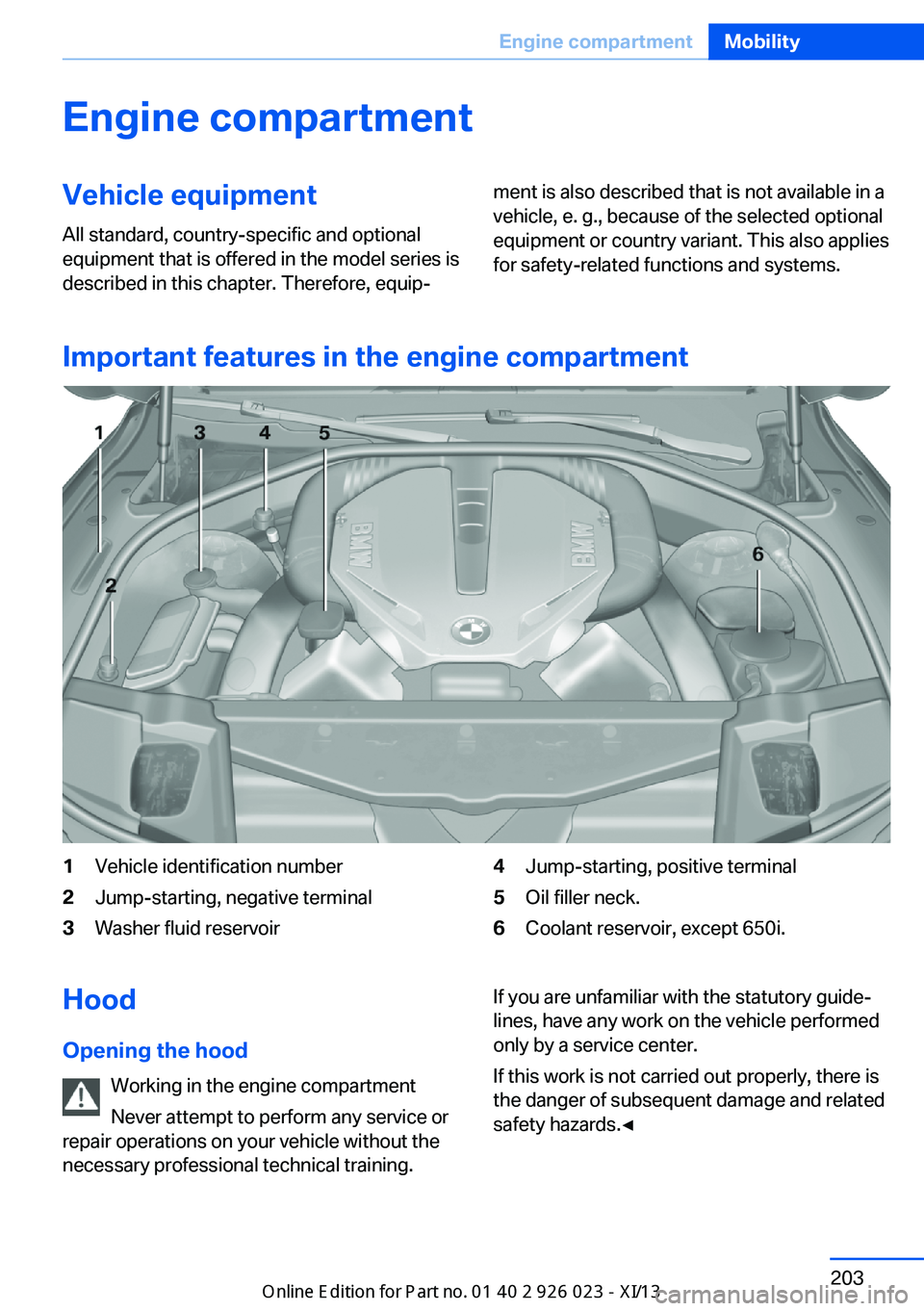 BMW 6 SERIES GRAN COUPE 2013 F06 Owners Manual Engine compartmentVehicle equipmentAll standard, country-specific and optional
equipment that is offered in the model series is
described in this chapter. Therefore, equip‐ment is also described tha