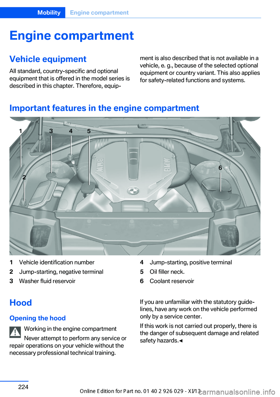 BMW 5 SERIES 2013 F10 Owners Manual Engine compartmentVehicle equipmentAll standard, country-specific and optional
equipment that is offered in the model series is
described in this chapter. Therefore, equip‐ment is also described tha