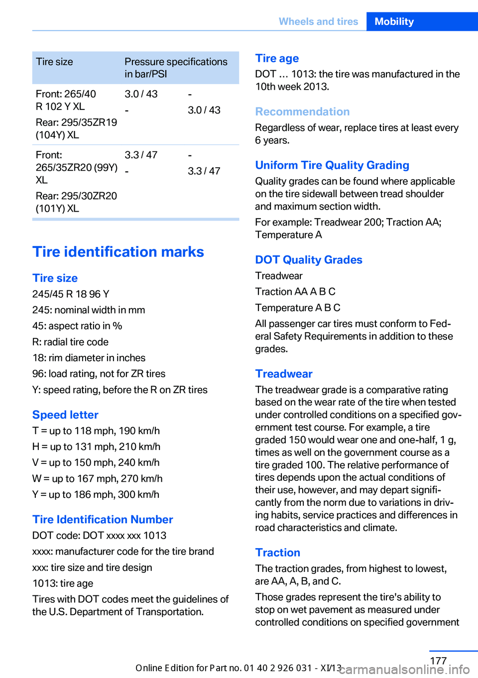 BMW M5 2013 F10 Owners Manual Tire sizePressure specifications
in bar/PSIFront: 265/40
R 102 Y XL
Rear: 295/35ZR19
(104Y) XL3.0 / 43
--
3.0 / 43Front:
265/35ZR20 (99Y)
XL
Rear: 295/30ZR20
(101Y) XL3.3 / 47
--
3.3 / 47
Tire identif