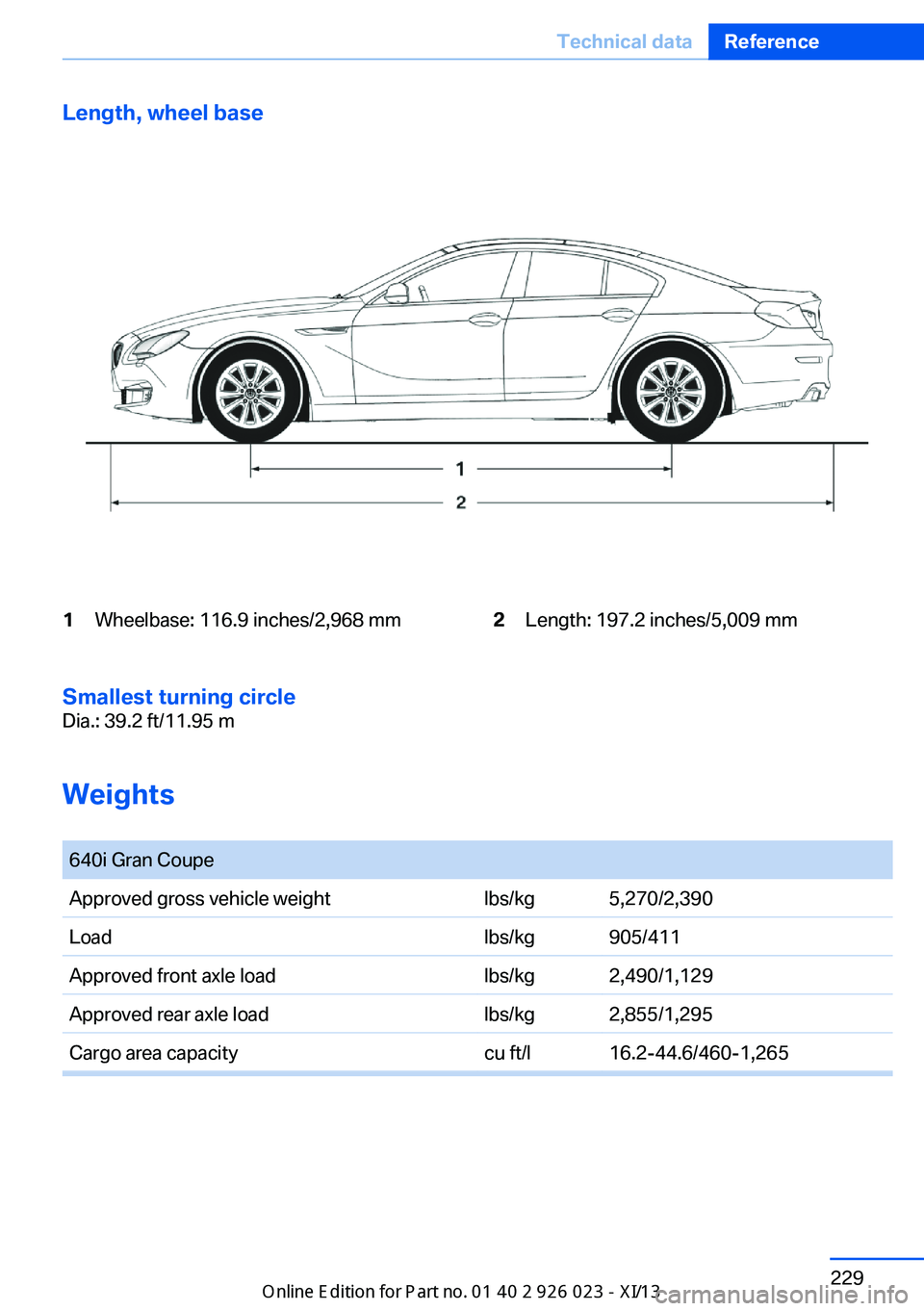 BMW 6 SERIES GRAN COUPE 2013 F12 Owners Manual Length, wheel base1Wheelbase: 116.9 inches/2,968 mm2Length: 197.2 inches/5,009 mm
Smallest turning circle
Dia.: 39.2 ft/11.95 m
Weights
640i Gran CoupeApproved gross vehicle weightlbs/kg5,270/2,390Lo BMW 6 SERIES GRAN COUPE 2013 F12 Owners Manual Length, wheel base1Wheelbase: 116.9 inches/2,968 mm2Length: 197.2 inches/5,009 mm
Smallest turning circle
Dia.: 39.2 ft/11.95 m
Weights
640i Gran CoupeApproved gross vehicle weightlbs/kg5,270/2,390Lo