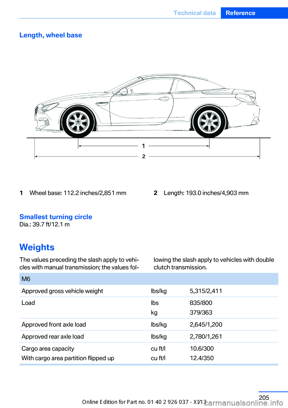 BMW M6 CONVERTIBLE 2013 F12 Owners Manual Length, wheel base1Wheel base: 112.2 inches/2,851 mm2Length: 193.0 inches/4,903 mm
Smallest turning circle
Dia.: 39.7 ft/12.1 m
Weights
The values preceding the slash apply to vehi‐
cles with manual BMW M6 CONVERTIBLE 2013 F12 Owners Manual Length, wheel base1Wheel base: 112.2 inches/2,851 mm2Length: 193.0 inches/4,903 mm
Smallest turning circle
Dia.: 39.7 ft/12.1 m
Weights
The values preceding the slash apply to vehi‐
cles with manual
