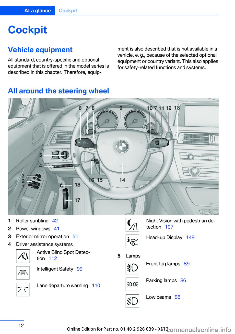 BMW 6 SERIES COUPE 2013 F13 Owners Manual CockpitVehicle equipment
All standard, country-specific and optional
equipment that is offered in the model series is
described in this chapter. Therefore, equip‐ment is also described that is not a