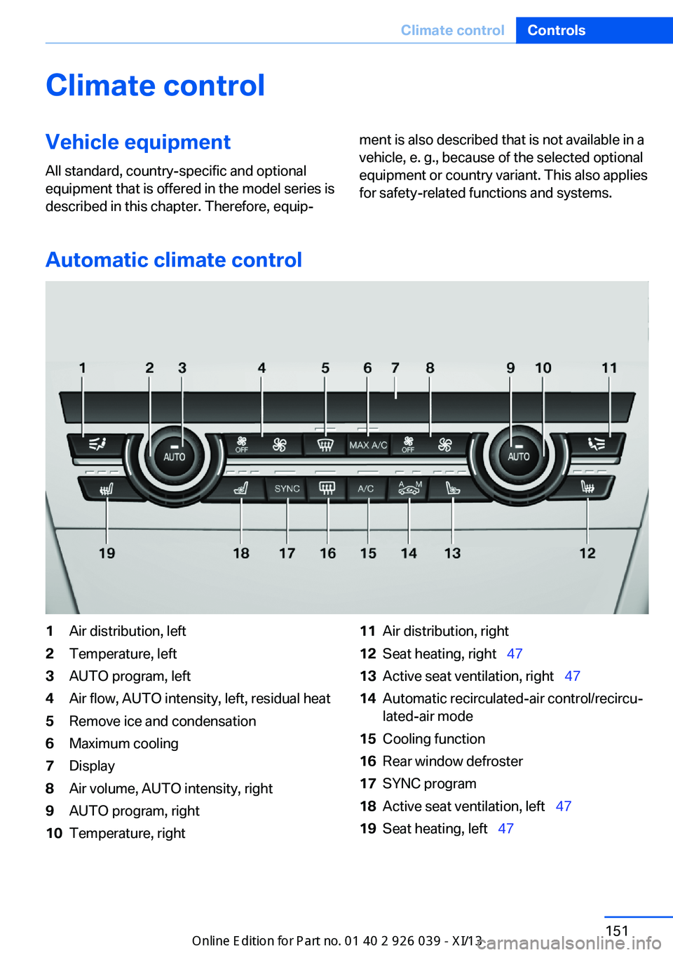 BMW 6 SERIES COUPE 2013 F13 Owners Manual Climate controlVehicle equipment
All standard, country-specific and optional
equipment that is offered in the model series is
described in this chapter. Therefore, equip‐ment is also described that 