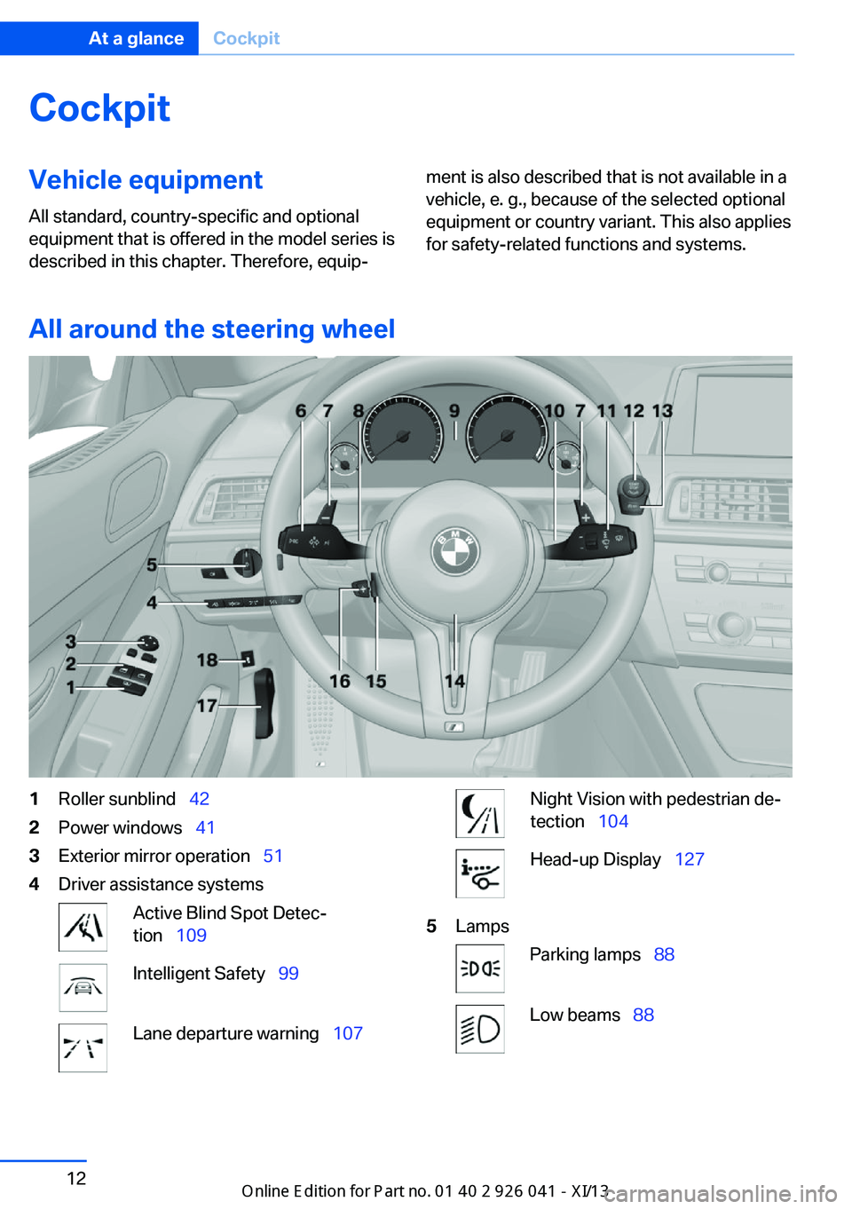 BMW M6 COUPE 2013 F13 Owners Manual CockpitVehicle equipment
All standard, country-specific and optional
equipment that is offered in the model series is
described in this chapter. Therefore, equip‐ment is also described that is not a