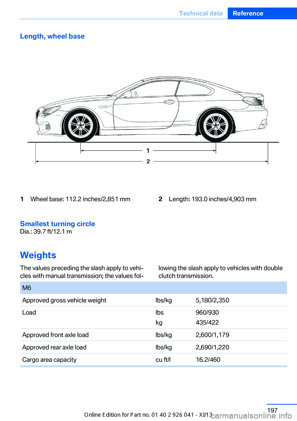 BMW M6 COUPE 2013 F13 Owners Manual Length, wheel base1Wheel base: 112.2 inches/2,851 mm2Length: 193.0 inches/4,903 mm
Smallest turning circle
Dia.: 39.7 ft/12.1 m
Weights
The values preceding the slash apply to vehi‐
cles with manual BMW M6 COUPE 2013 F13 Owners Manual Length, wheel base1Wheel base: 112.2 inches/2,851 mm2Length: 193.0 inches/4,903 mm
Smallest turning circle
Dia.: 39.7 ft/12.1 m
Weights
The values preceding the slash apply to vehi‐
cles with manual