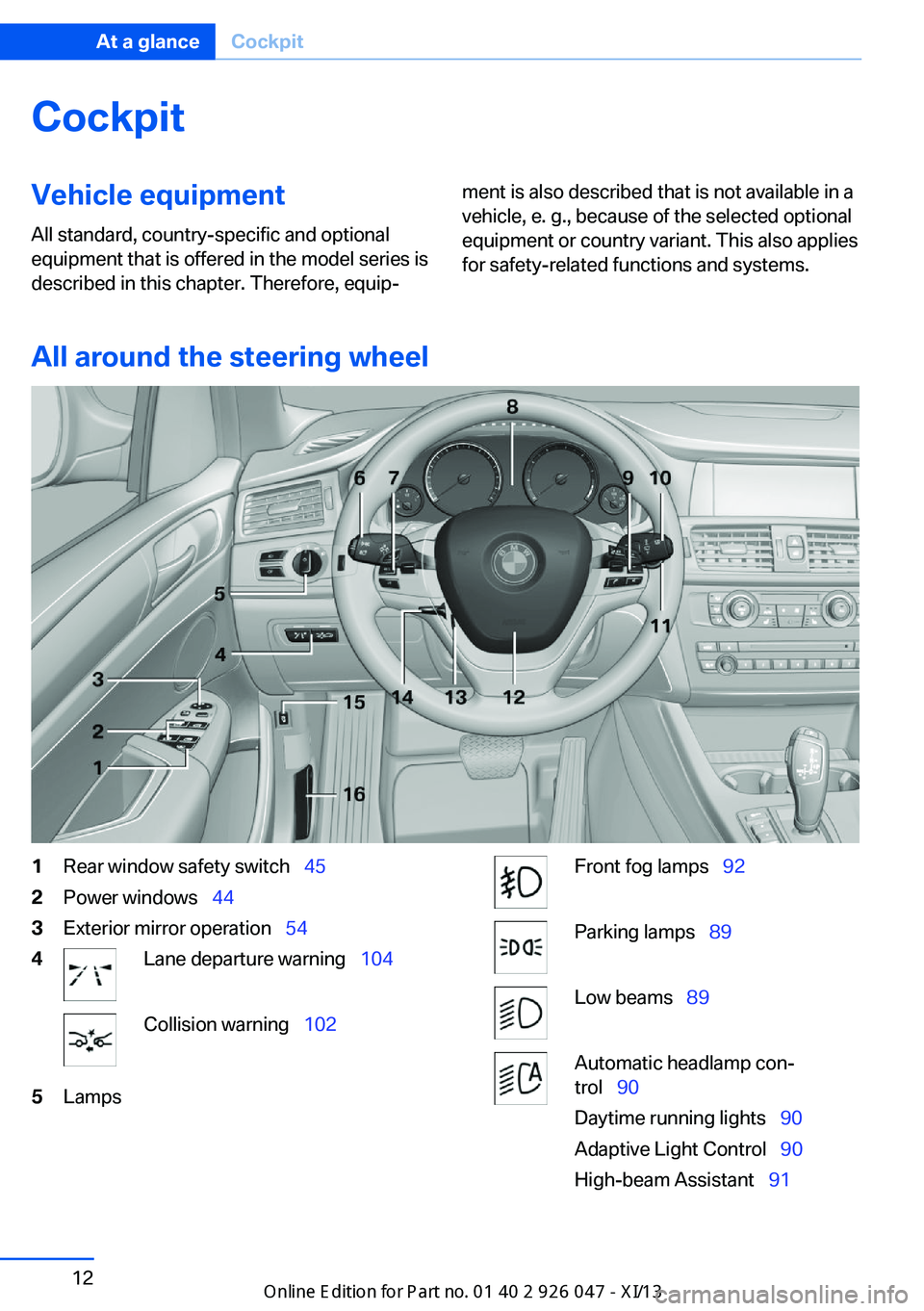 BMW X3 2013 F25 Owners Manual CockpitVehicle equipment
All standard, country-specific and optional
equipment that is offered in the model series is
described in this chapter. Therefore, equip‐ment is also described that is not a