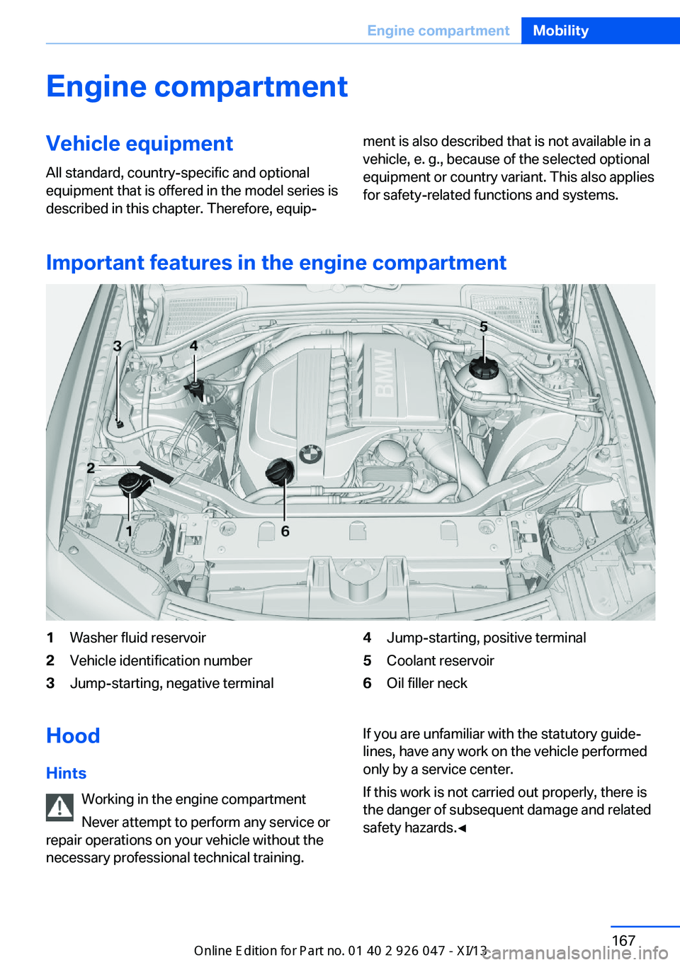 BMW X3 2013 F25 Owners Manual Engine compartmentVehicle equipmentAll standard, country-specific and optional
equipment that is offered in the model series is
described in this chapter. Therefore, equip‐ment is also described tha BMW X3 2013 F25 Owners Manual Engine compartmentVehicle equipmentAll standard, country-specific and optional
equipment that is offered in the model series is
described in this chapter. Therefore, equip‐ment is also described tha