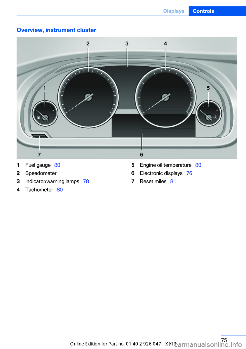 BMW X3 2013 F25 Owners Manual Overview, instrument cluster1Fuel gauge  802Speedometer3Indicator/warning lamps   784Tachometer  805Engine oil temperature   806Electronic displays  767Reset miles  81Seite 75D