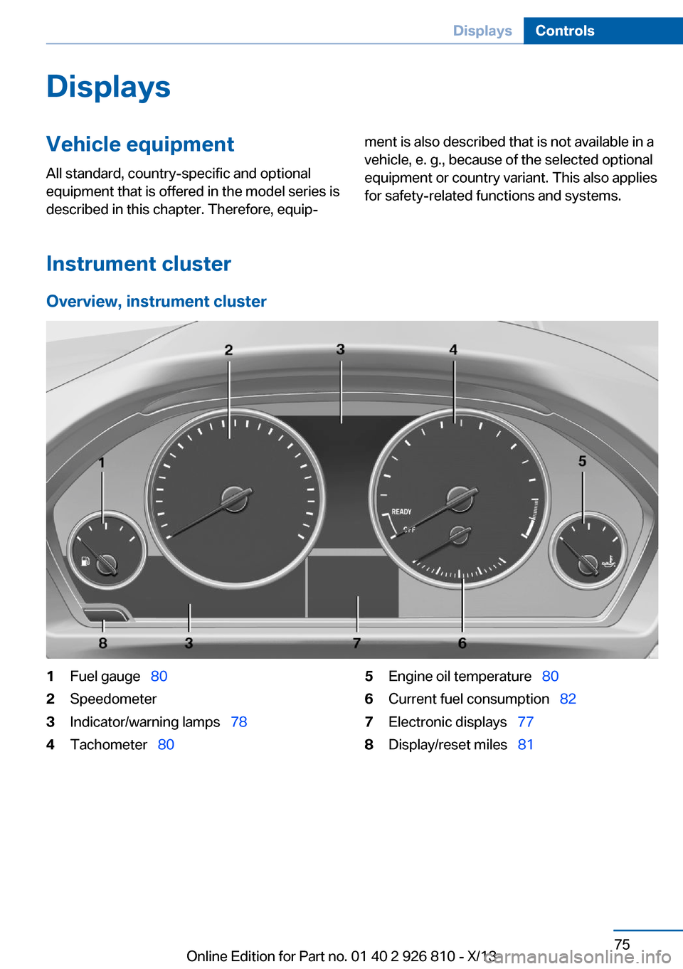 BMW 3 SERIES SEDAN 2013 F30 Owners Manual DisplaysVehicle equipmentAll standard, country-specific and optional
equipment that is offered in the model series is
described in this chapter. Therefore, equip‐ment is also described that is not a