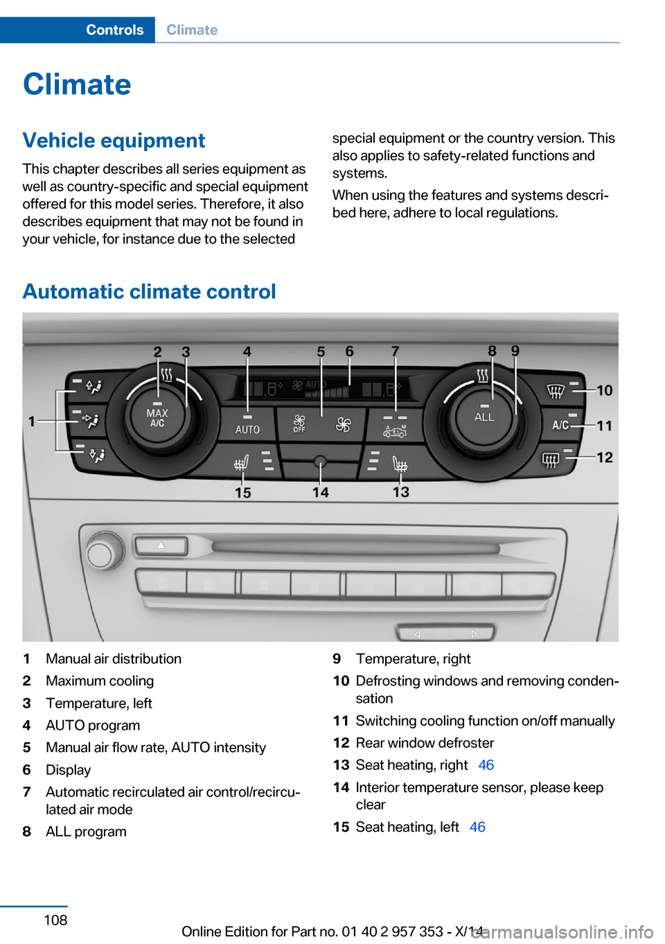 BMW X1 2014 E84 User Guide ClimateVehicle equipmentThis chapter describes all series equipment as
well as country-specific and special equipment
offered for this model series. Therefore, it also
describes equipment that may not