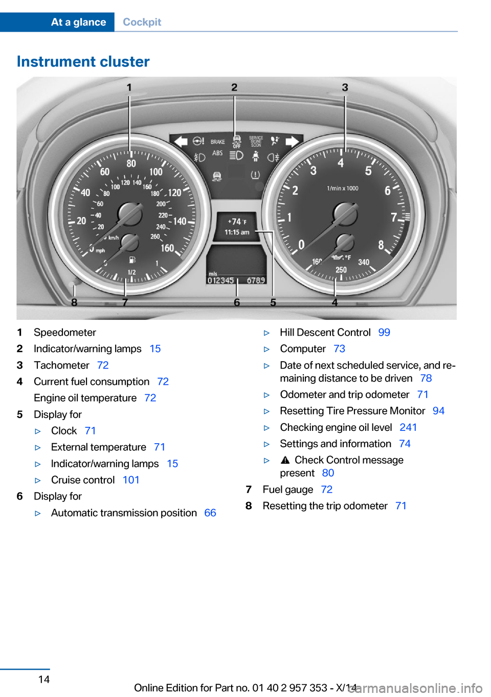 BMW X1 2014 E84 User Guide Instrument cluster1Speedometer2Indicator/warning lamps  153Tachometer  724Current fuel consumption   72
Engine oil temperature   725Display for▷Clock  71▷External temperature�