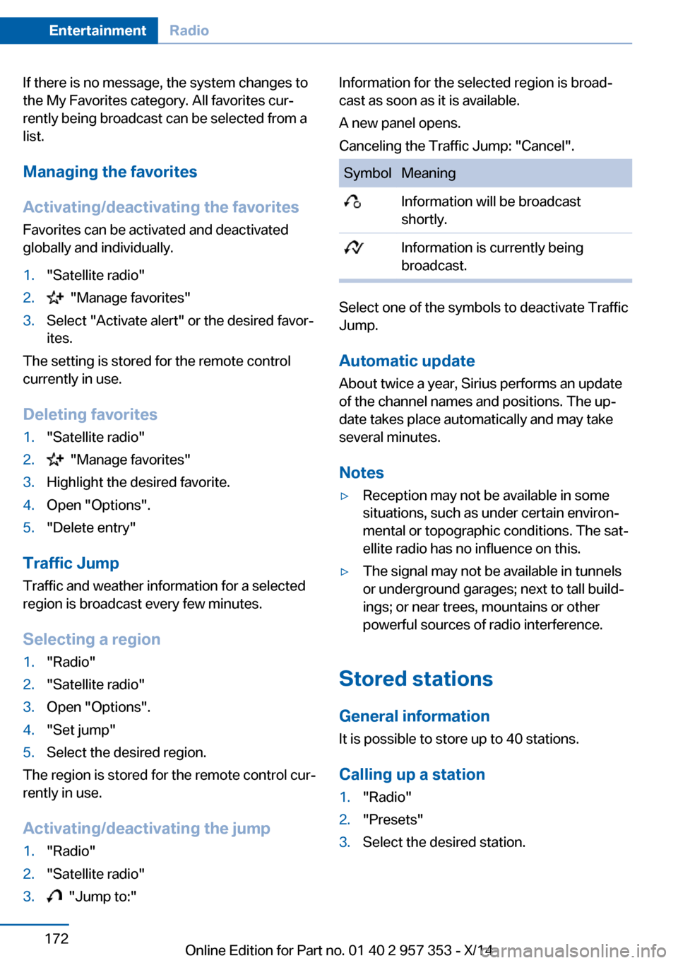 BMW X1 2014 E84 Service Manual If there is no message, the system changes to
the My Favorites category. All favorites cur‐
rently being broadcast can be selected from a
list.
Managing the favorites
Activating/deactivating the fav