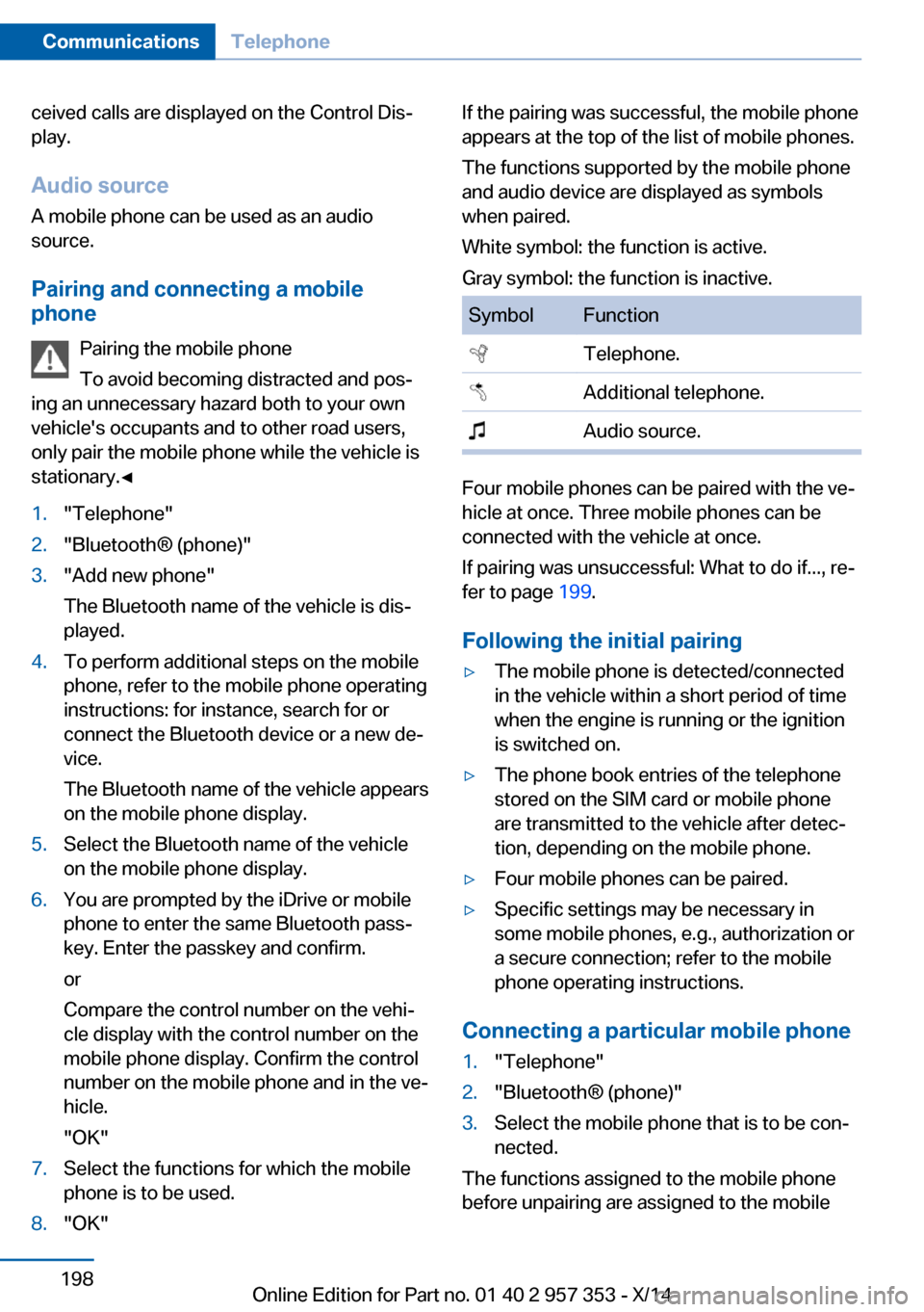 BMW X1 2014 E84 Owners Manual ceived calls are displayed on the Control Dis‐
play.
Audio source
A mobile phone can be used as an audio
source.
Pairing and connecting a mobile
phone
Pairing the mobile phone
To avoid becoming dist