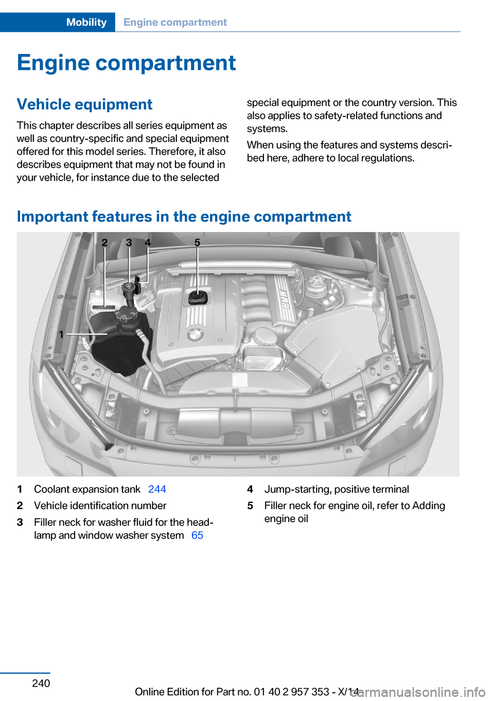 BMW X1 2014 E84 Owners Manual Engine compartmentVehicle equipmentThis chapter describes all series equipment as
well as country-specific and special equipment
offered for this model series. Therefore, it also
describes equipment t