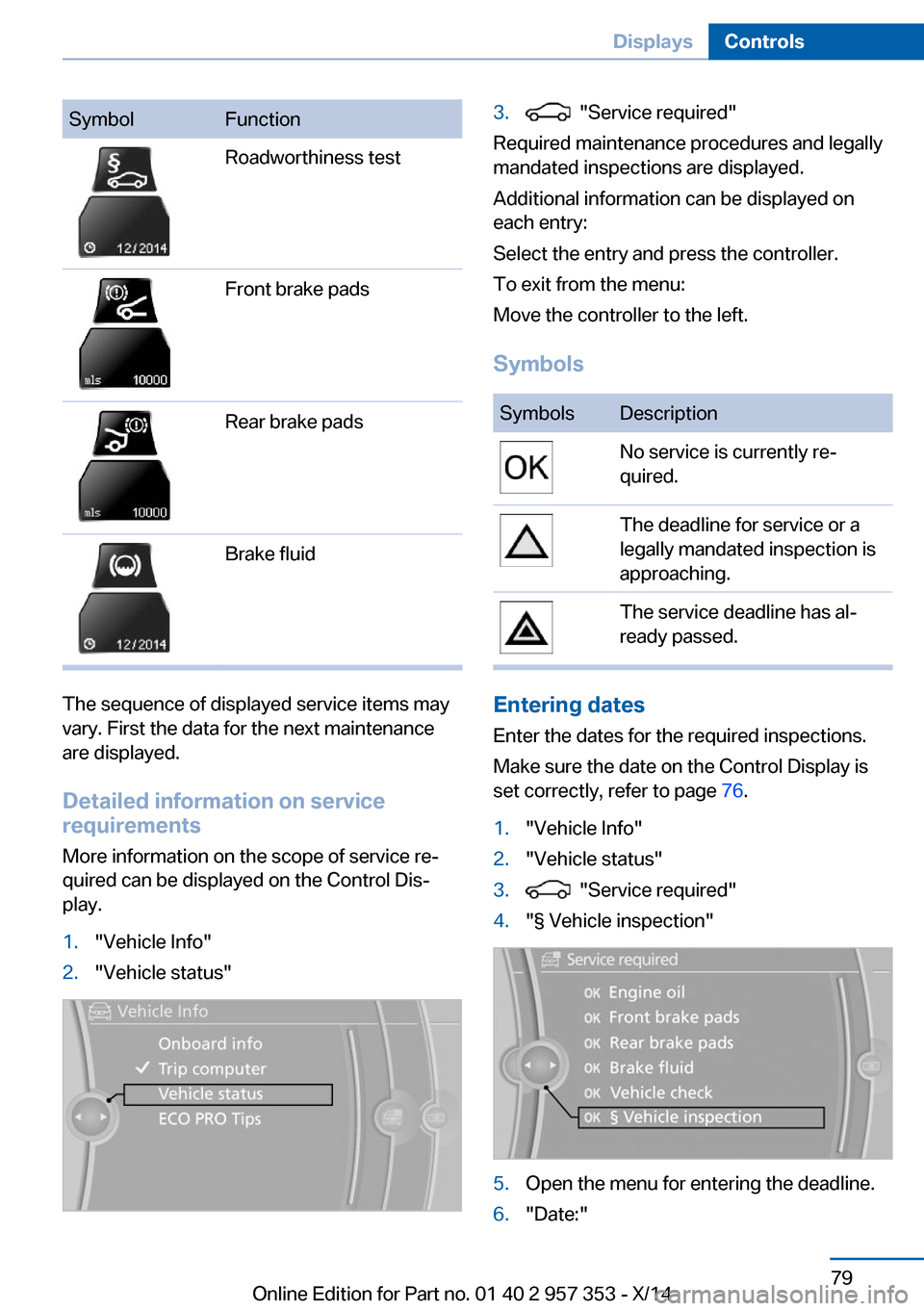 BMW X1 2014 E84 Manual Online SymbolFunctionRoadworthiness testFront brake padsRear brake padsBrake fluid
The sequence of displayed service items may
vary. First the data for the next maintenance
are displayed.
Detailed informatio BMW X1 2014 E84 Manual Online SymbolFunctionRoadworthiness testFront brake padsRear brake padsBrake fluid
The sequence of displayed service items may
vary. First the data for the next maintenance
are displayed.
Detailed informatio