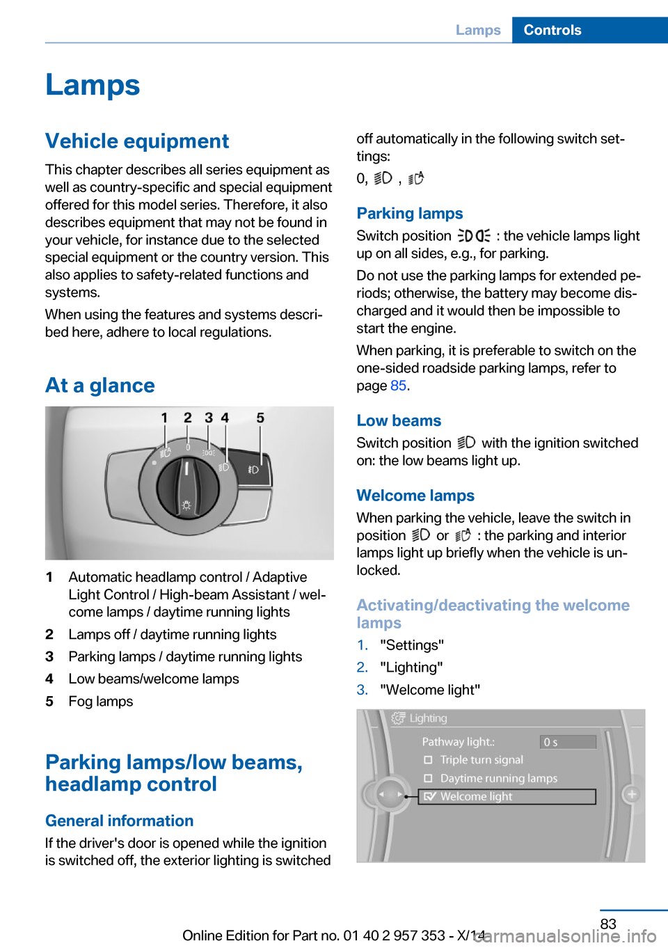 BMW X1 2014 E84 Owners Manual LampsVehicle equipment
This chapter describes all series equipment as
well as country-specific and special equipment
offered for this model series. Therefore, it also
describes equipment that may not 