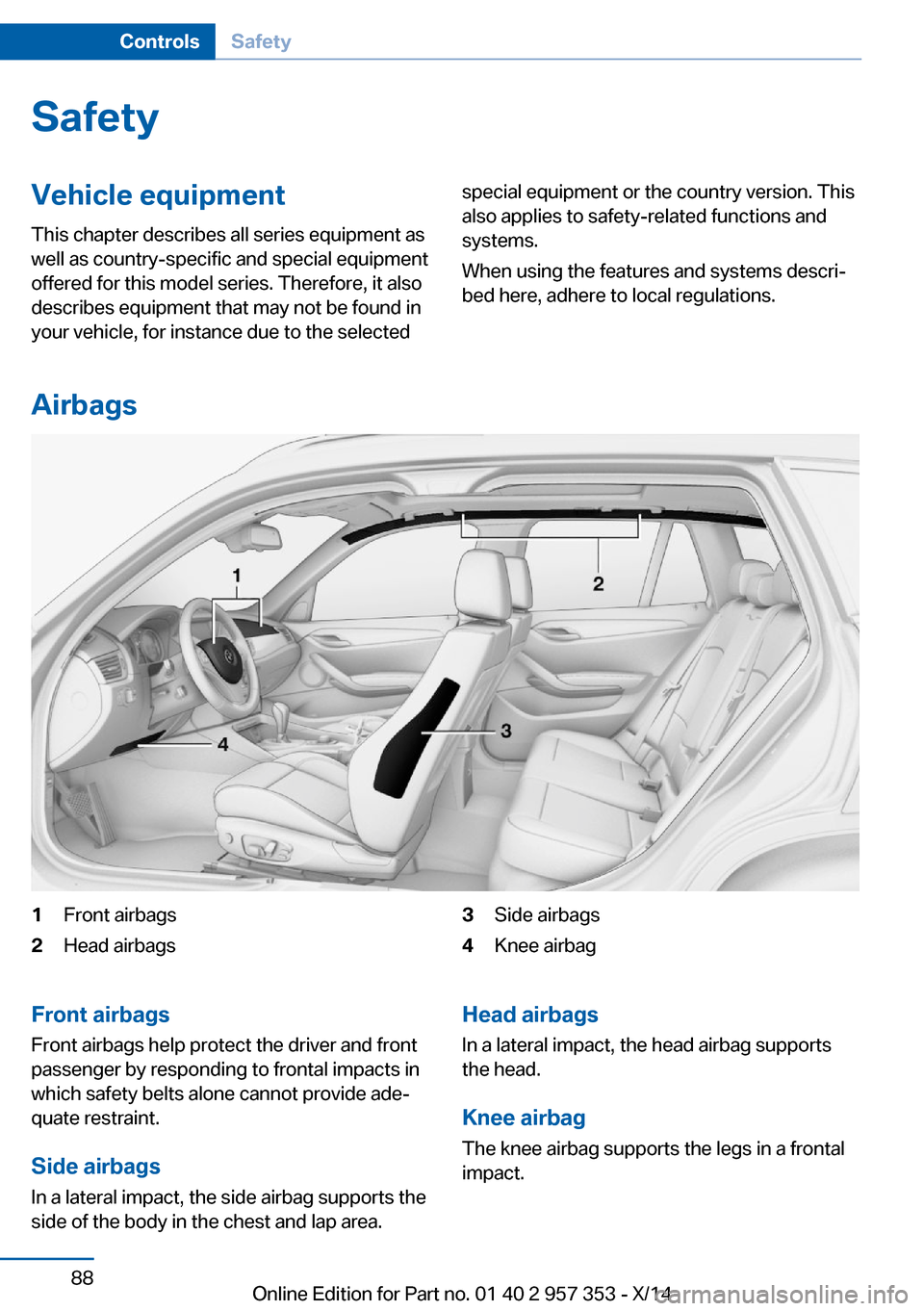 BMW X1 2014 E84 User Guide SafetyVehicle equipment
This chapter describes all series equipment as
well as country-specific and special equipment
offered for this model series. Therefore, it also
describes equipment that may not