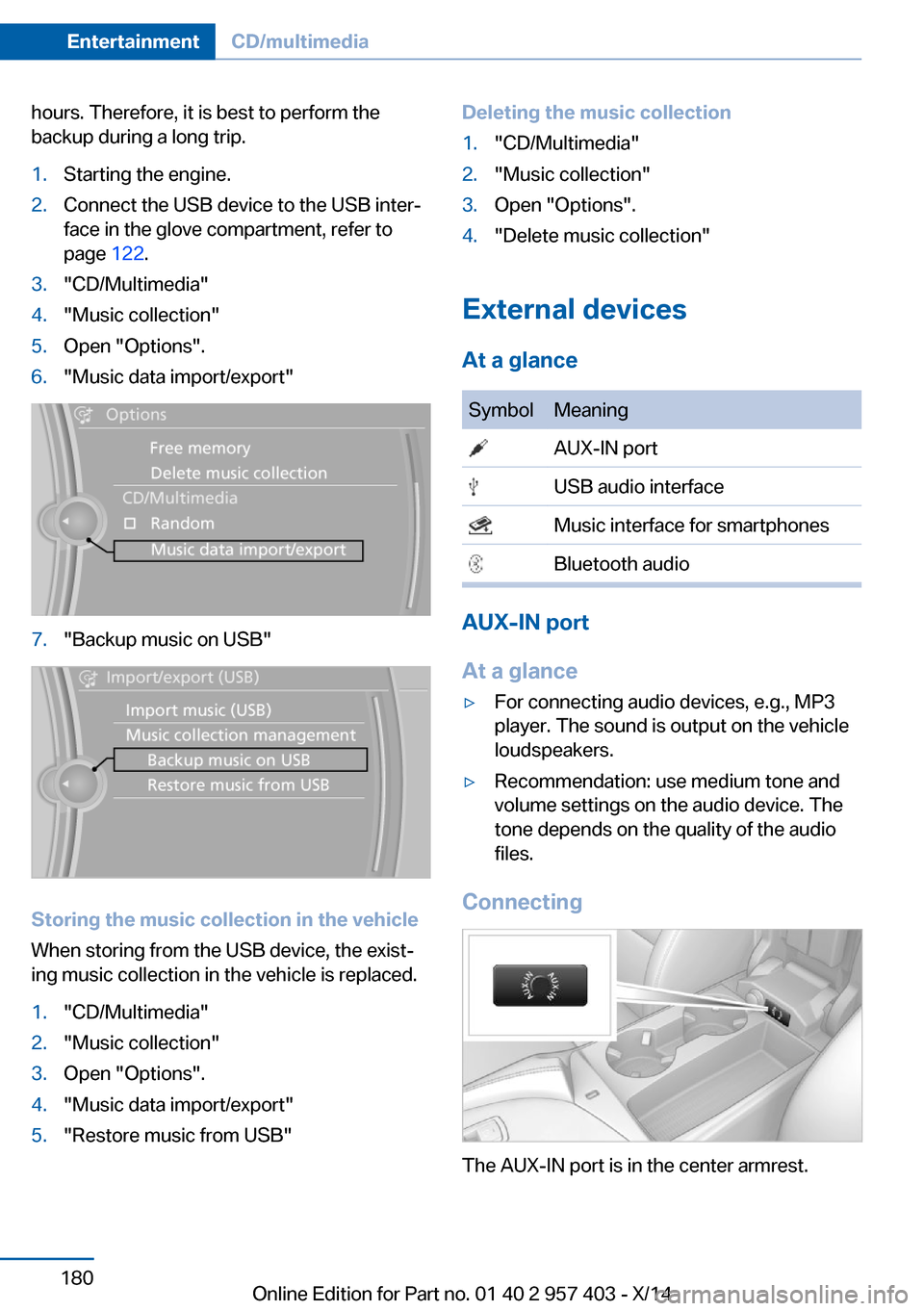 BMW Z4 2014 E89 Owners Manual hours. Therefore, it is best to perform the
backup during a long trip.1.Starting the engine.2.Connect the USB device to the USB inter‐
face in the glove compartment, refer to
page  122.3."CD/Multime