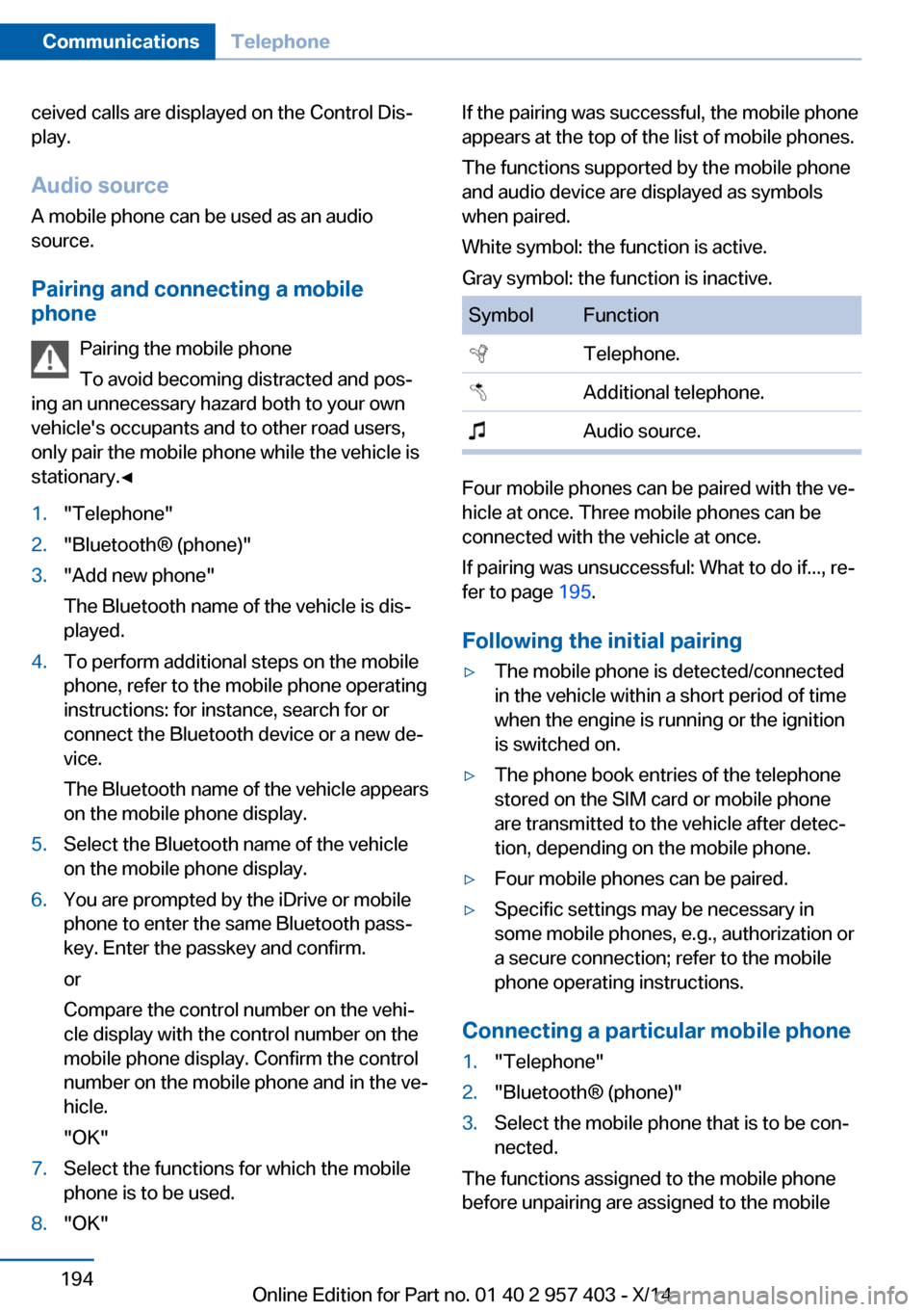 BMW Z4 2014 E89 Owners Manual ceived calls are displayed on the Control Dis‐
play.
Audio source
A mobile phone can be used as an audio
source.
Pairing and connecting a mobile
phone
Pairing the mobile phone
To avoid becoming dist