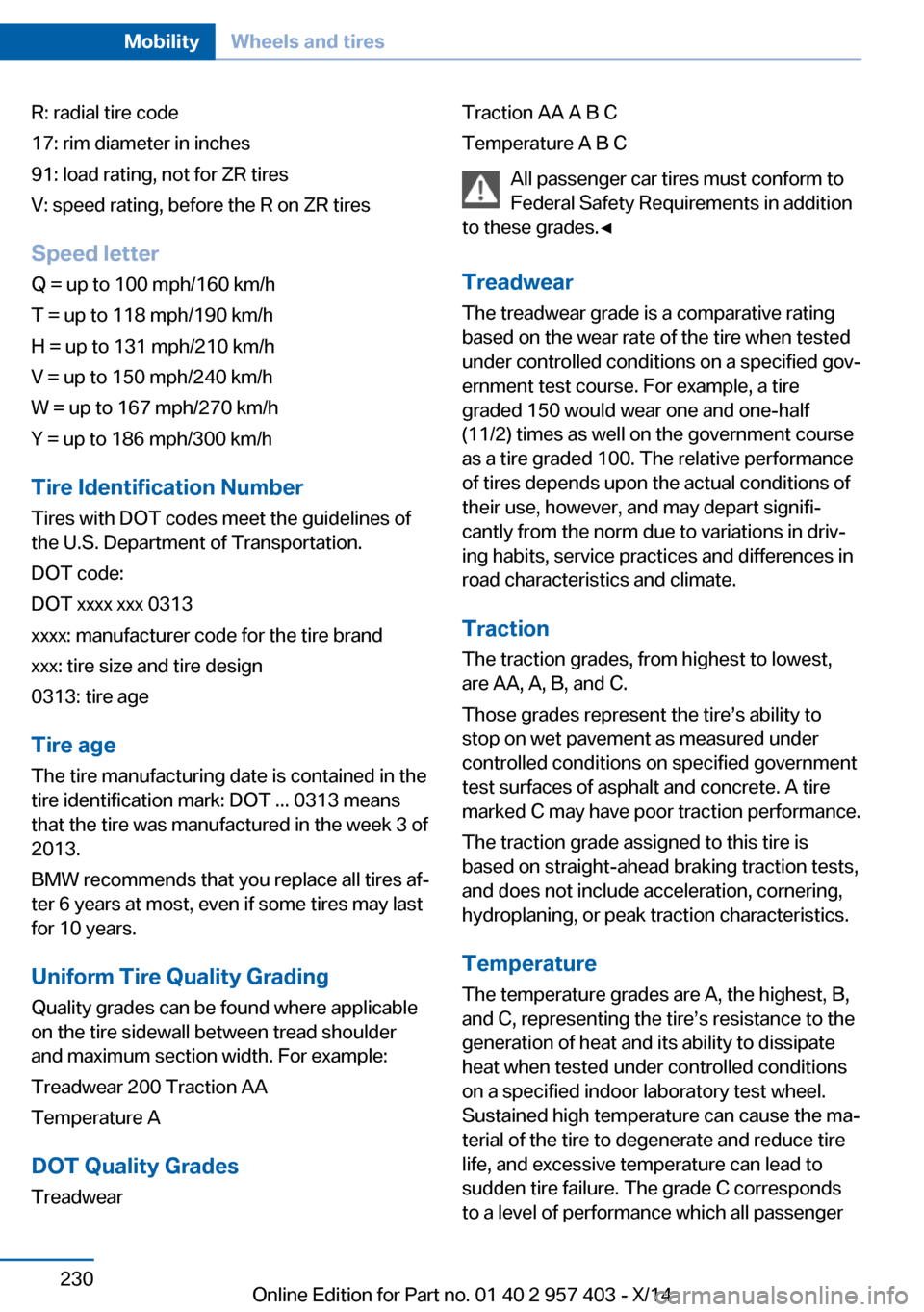 BMW Z4 2014 E89 Owners Manual R: radial tire code
17: rim diameter in inches
91: load rating, not for ZR tires
V: speed rating, before the R on ZR tires
Speed letter
Q = up to 100 mph/160 km/h
T = up to 118 mph/190 km/h
H = up to 