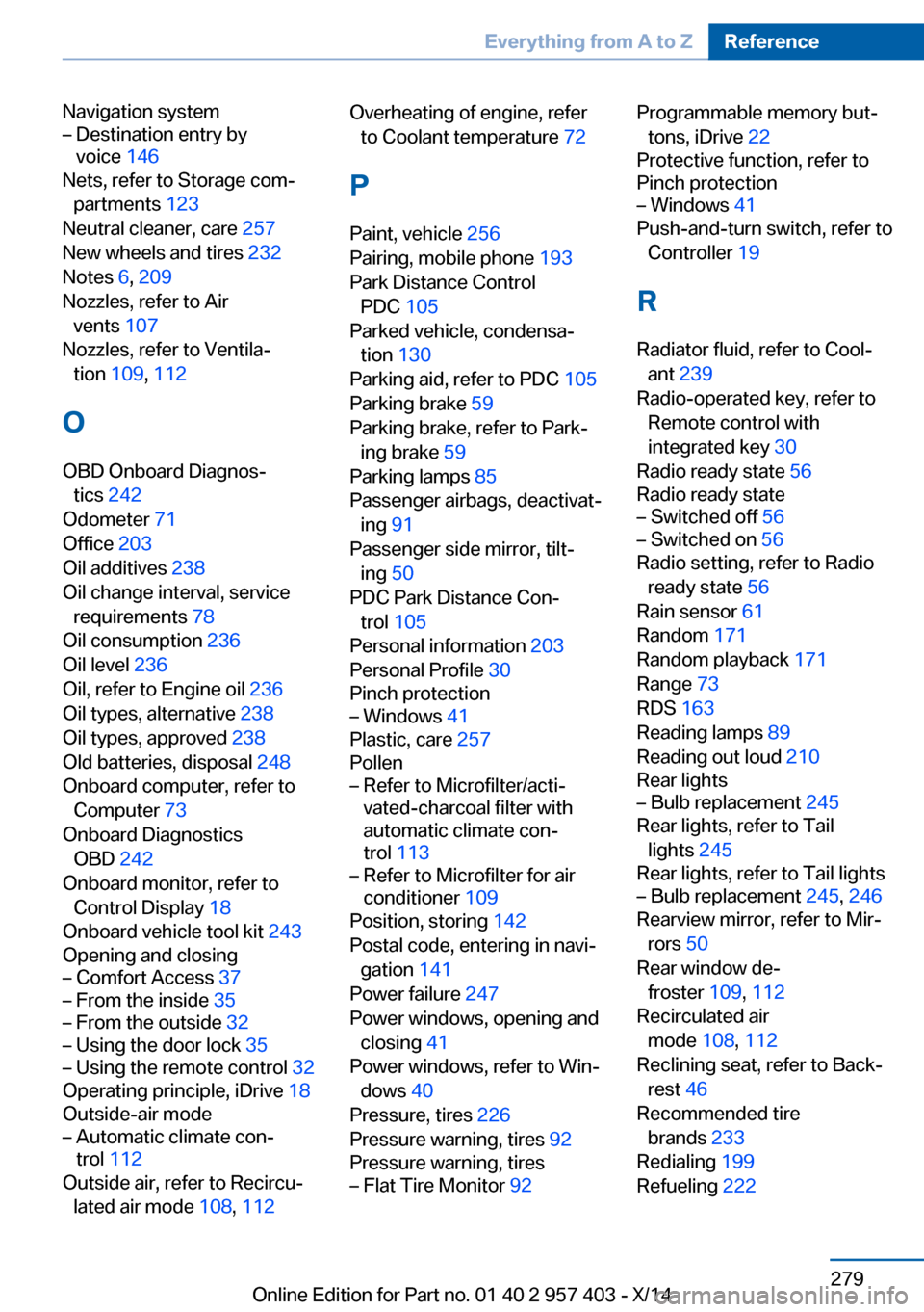 BMW Z4 2014 E89 User Guide Navigation system– Destination entry by
voice  146
Nets, refer to Storage com‐
partments  123 
Neutral cleaner, care  257 
New wheels and tires  232 
Notes  6, 209  
Nozzles, refer to Air vents  1