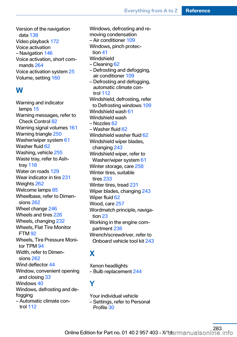 BMW Z4 2014 E89 Owners Manual Version of the navigationdata 138
Video playback 172
Voice activation– Navigation 146
Voice activation, short com‐
mands 264
Voice activation system 25
Volume, setting 160
W Warning and BMW Z4 2014 E89 Owners Manual Version of the navigationdata 138
Video playback 172
Voice activation– Navigation 146
Voice activation, short com‐
mands 264
Voice activation system 25
Volume, setting 160
W Warning and