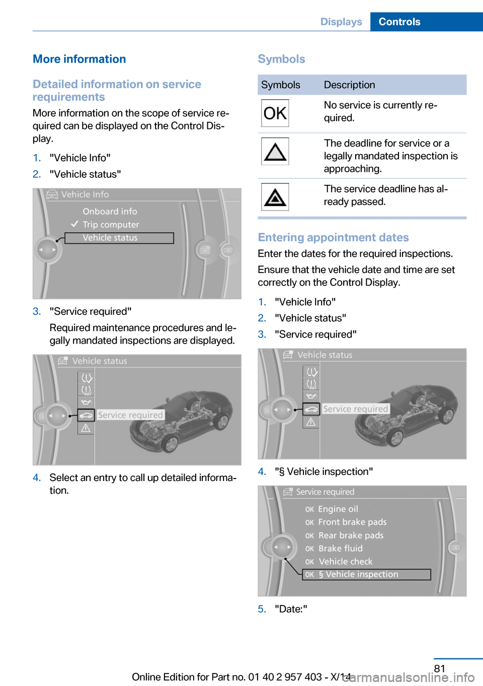 BMW Z4 2014 E89 Owners Manual More information
Detailed information on service
requirements
More information on the scope of service re‐
quired can be displayed on the Control Dis‐
play.1."Vehicle Info"2."Vehicle status"3."Ser