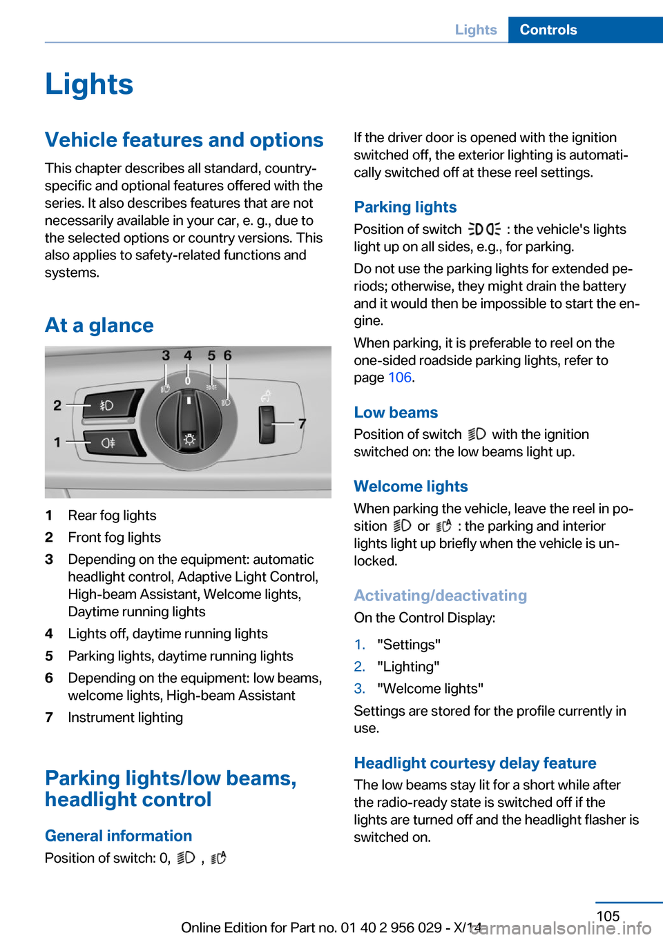 BMW 7 SERIES 2014 F01 Owners Manual LightsVehicle features and optionsThis chapter describes all standard, country-
specific and optional features offered with the
series. It also describes features that are not
necessarily available in