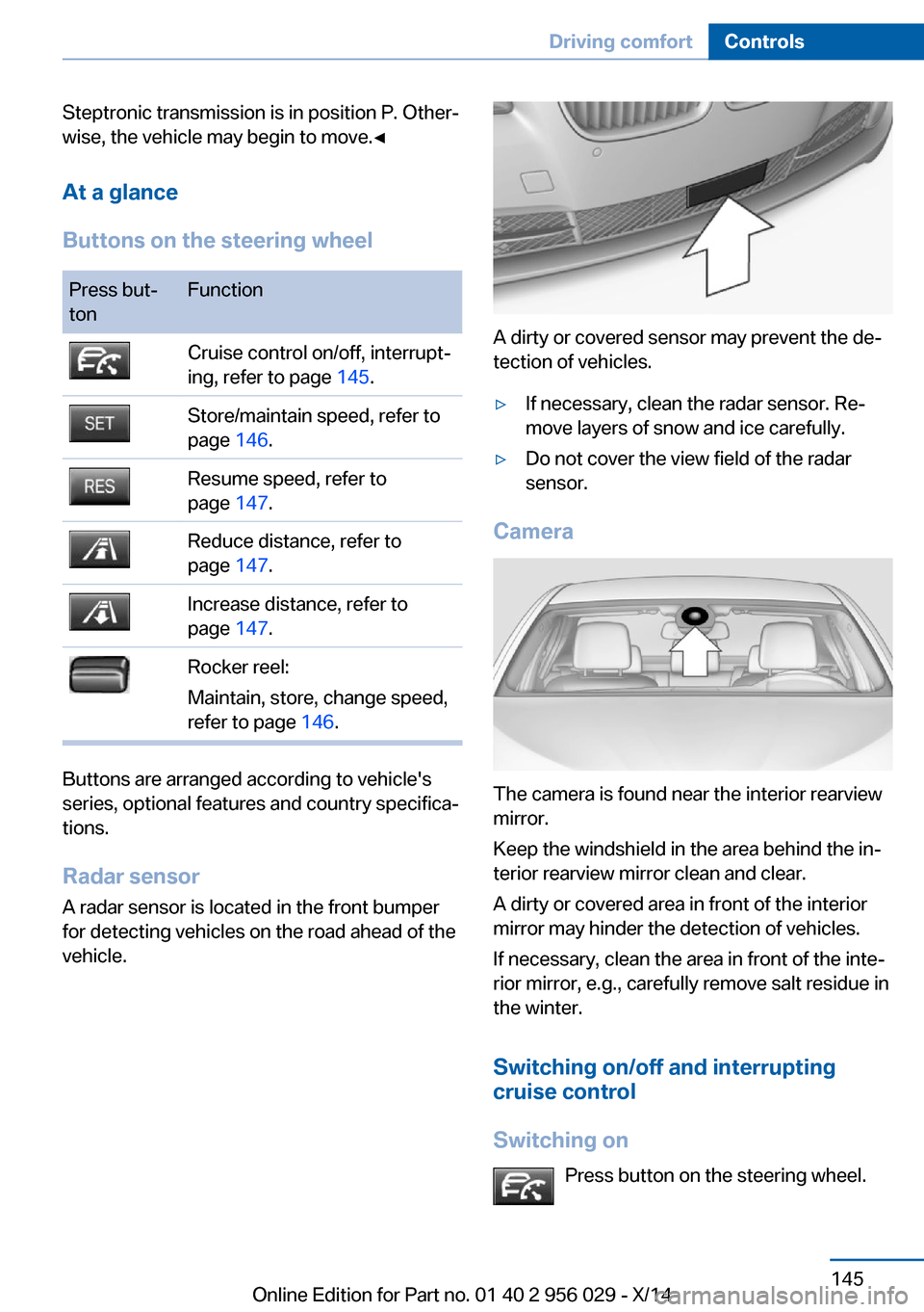 BMW 7 SERIES 2014 F01 Owners Guide Steptronic transmission is in position P. Other‐
wise, the vehicle may begin to move.◀
At a glance
Buttons on the steering wheelPress but‐
tonFunctionCruise control on/off, interrupt‐
ing, ref