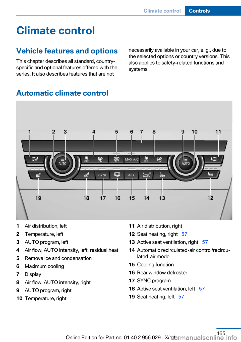 BMW 7 SERIES 2014 F02 Owners Manual Climate controlVehicle features and options
This chapter describes all standard, country-
specific and optional features offered with the
series. It also describes features that are notnecessarily ava