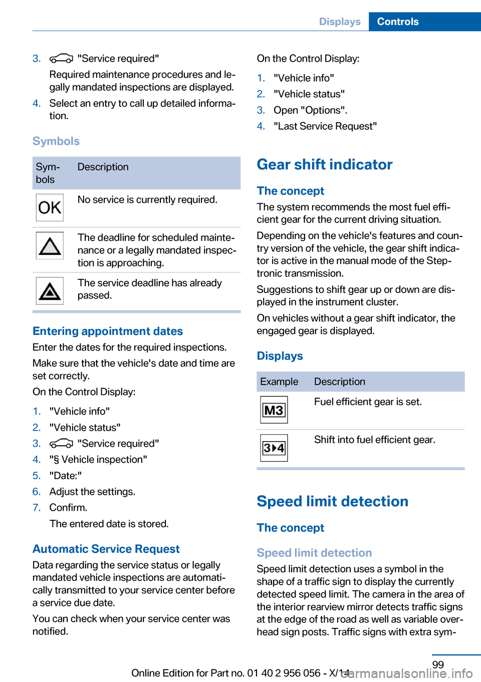 BMW ACTIVE HYBRID 7 2014 F01H Owners Manual 3.  "Service required"
Required maintenance procedures and le‐
gally mandated inspections are displayed.4.Select an entry to call up detailed informa‐
tion.
Symbols
Sym‐
bolsDescriptionNo servic