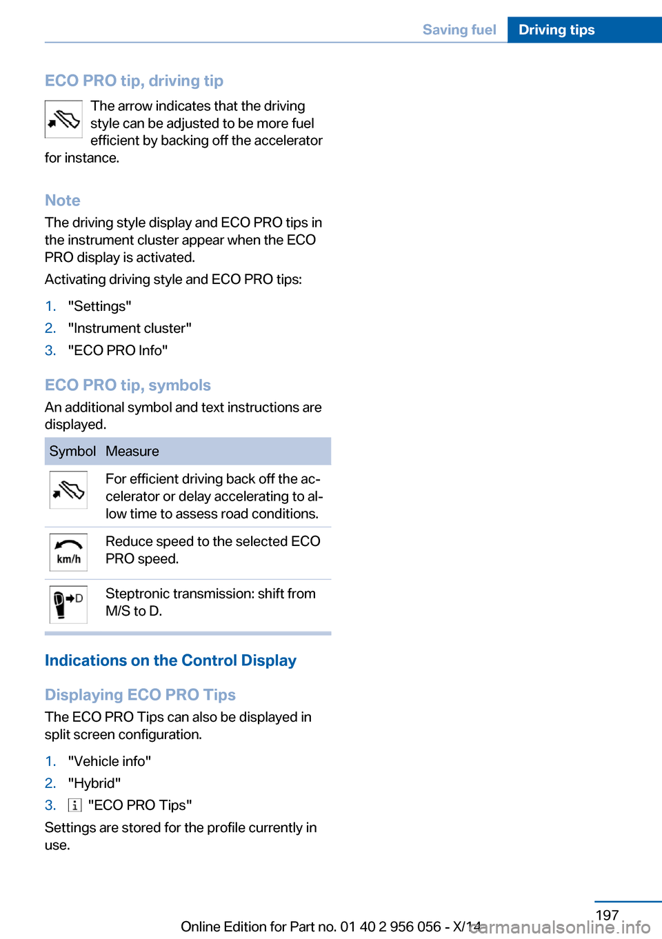 BMW ACTIVE HYBRID 7 2014 F01H Owners Manual ECO PRO tip, driving tipThe arrow indicates that the driving
style can be adjusted to be more fuel
efficient by backing off the accelerator
for instance.
Note The driving style display and ECO PRO tip BMW ACTIVE HYBRID 7 2014 F01H Owners Manual ECO PRO tip, driving tipThe arrow indicates that the driving
style can be adjusted to be more fuel
efficient by backing off the accelerator
for instance.
Note The driving style display and ECO PRO tip