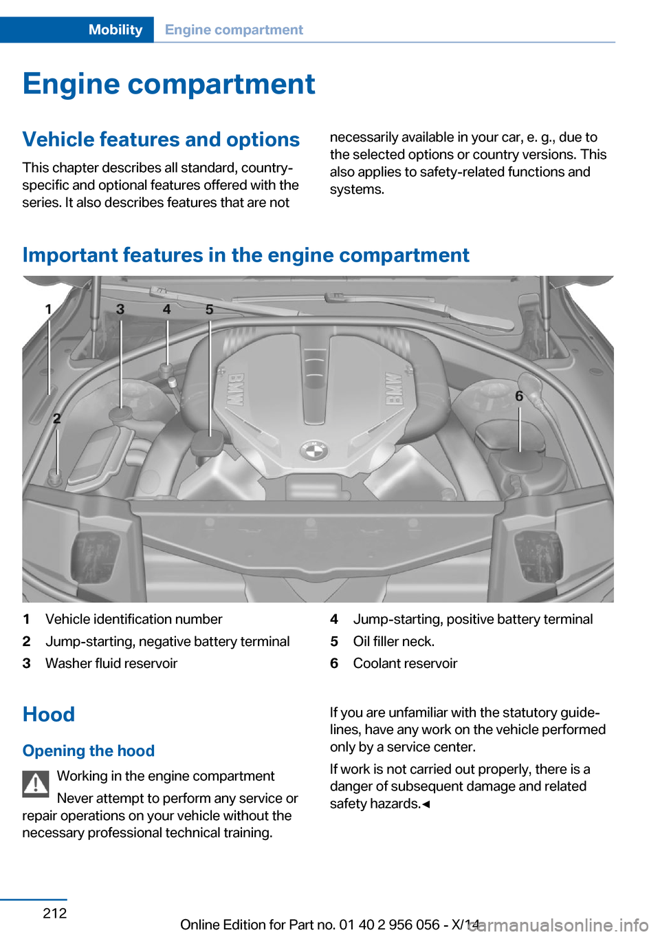 BMW ACTIVE HYBRID 7 2014 F01H Owners Manual Engine compartmentVehicle features and optionsThis chapter describes all standard, country-
specific and optional features offered with the
series. It also describes features that are notnecessarily a