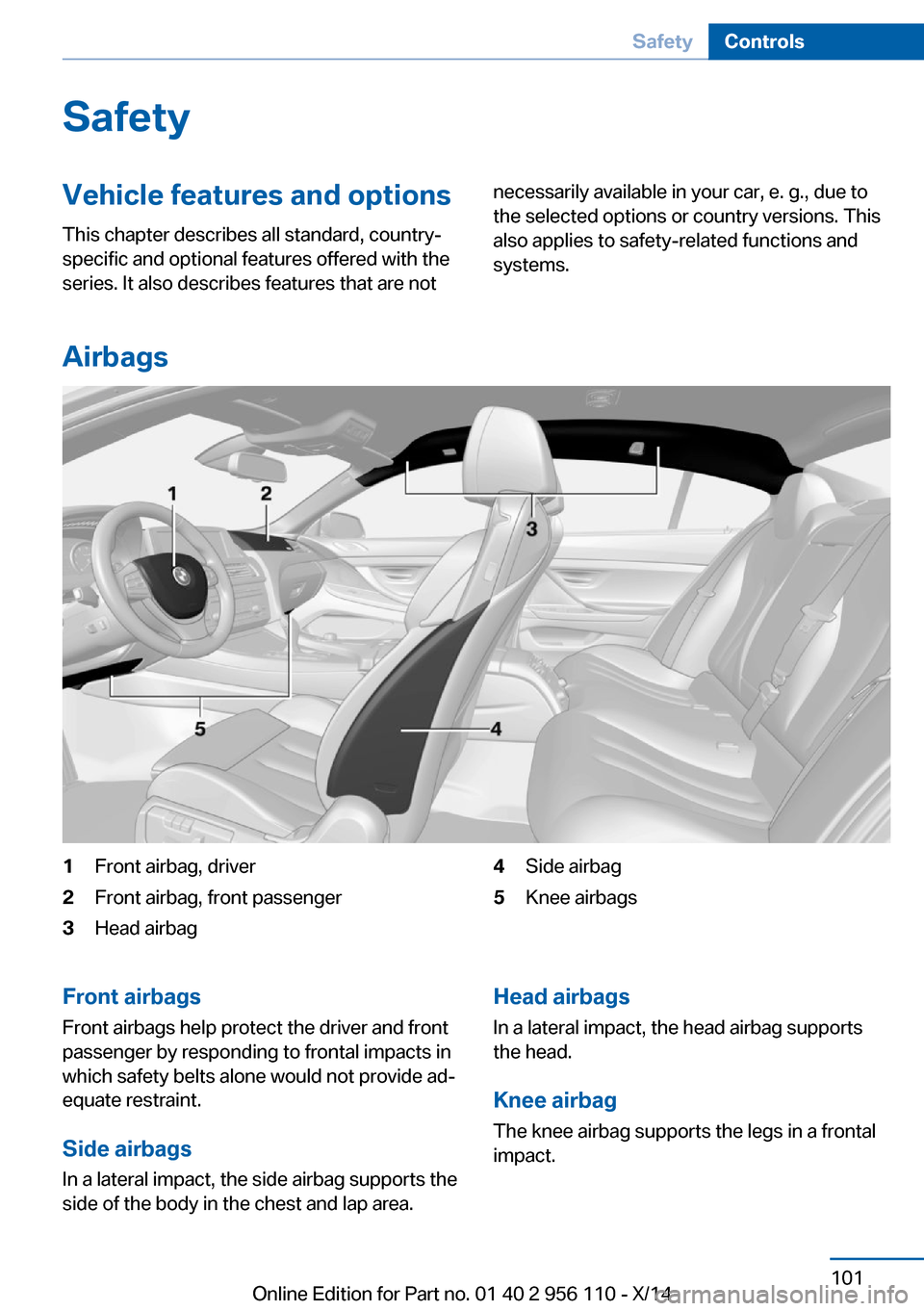 BMW 6 SERIES GRAN COUPE 2014 F06 Owners Manual SafetyVehicle features and options
This chapter describes all standard, country-
specific and optional features offered with the
series. It also describes features that are notnecessarily available in