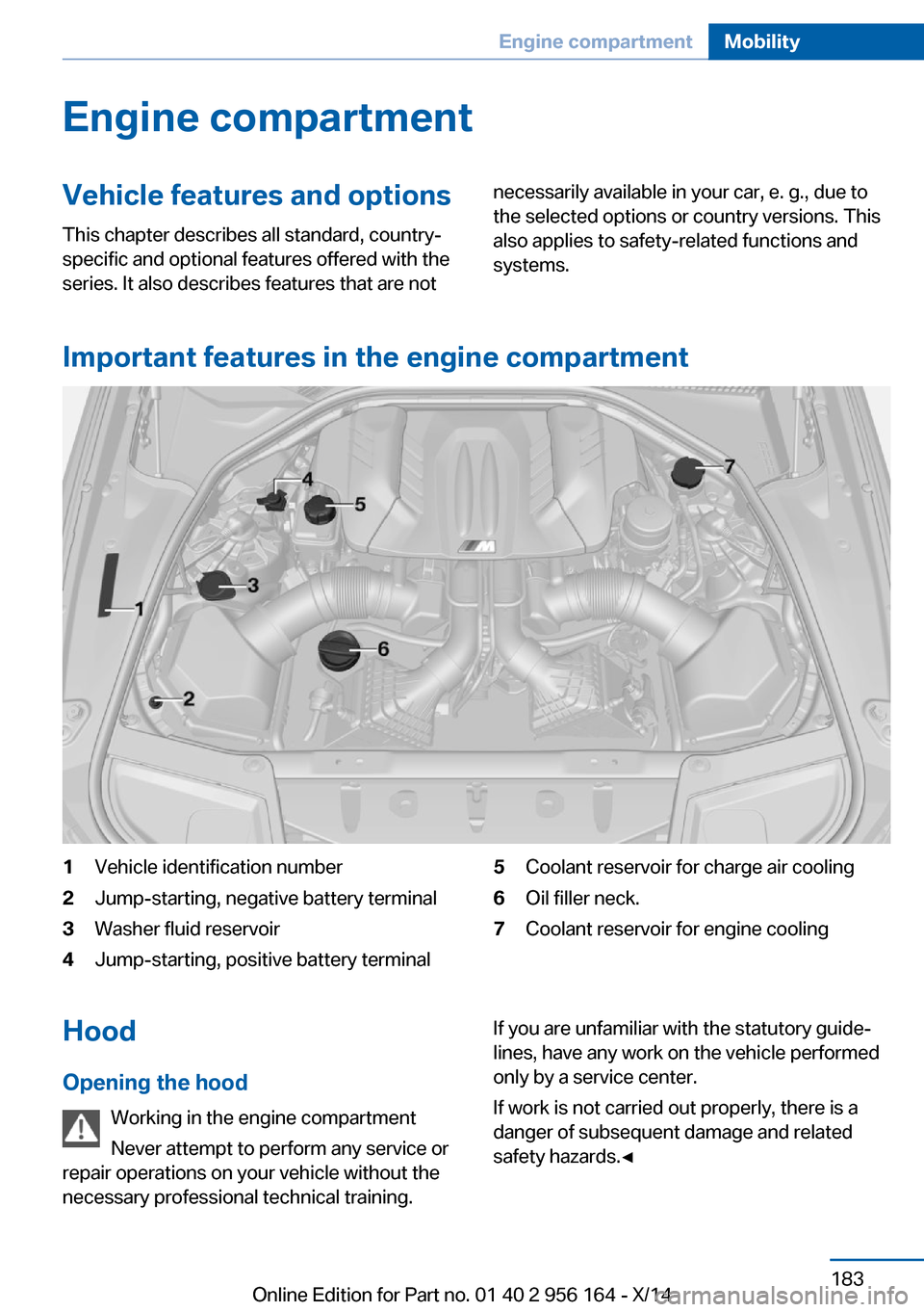 BMW M6 GRAN COUPE 2014 F06M Owners Manual Engine compartmentVehicle features and optionsThis chapter describes all standard, country-
specific and optional features offered with the
series. It also describes features that are notnecessarily a