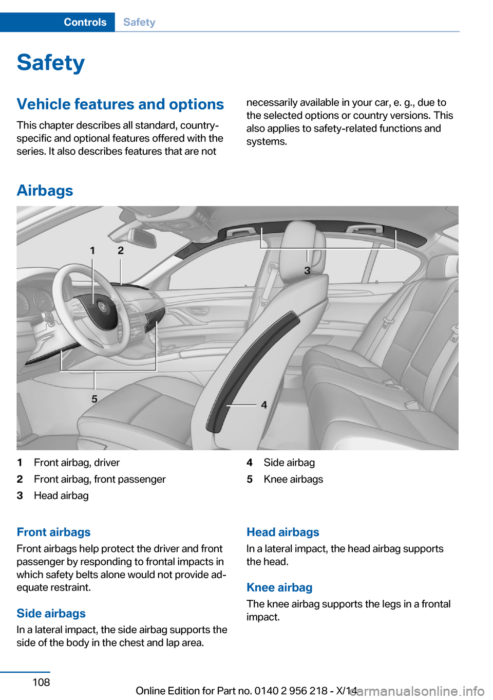 BMW 5 SERIES 2014 F10 Owners Manual SafetyVehicle features and options
This chapter describes all standard, country-
specific and optional features offered with the
series. It also describes features that are notnecessarily available in