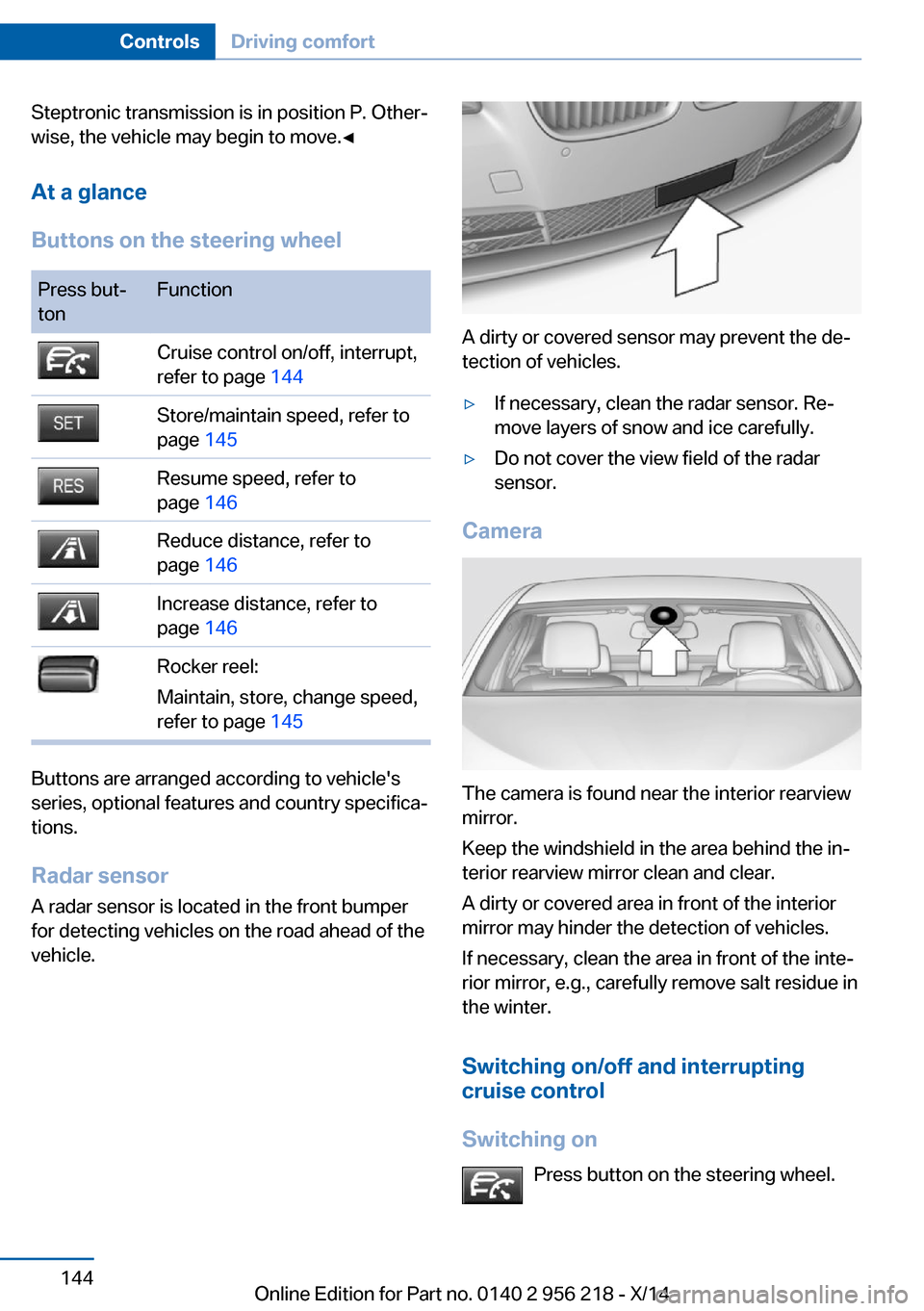 BMW 5 SERIES 2014 F10 Owners Manual Steptronic transmission is in position P. Other‐
wise, the vehicle may begin to move.◀
At a glance
Buttons on the steering wheelPress but‐
tonFunctionCruise control on/off, interrupt,
refer to p