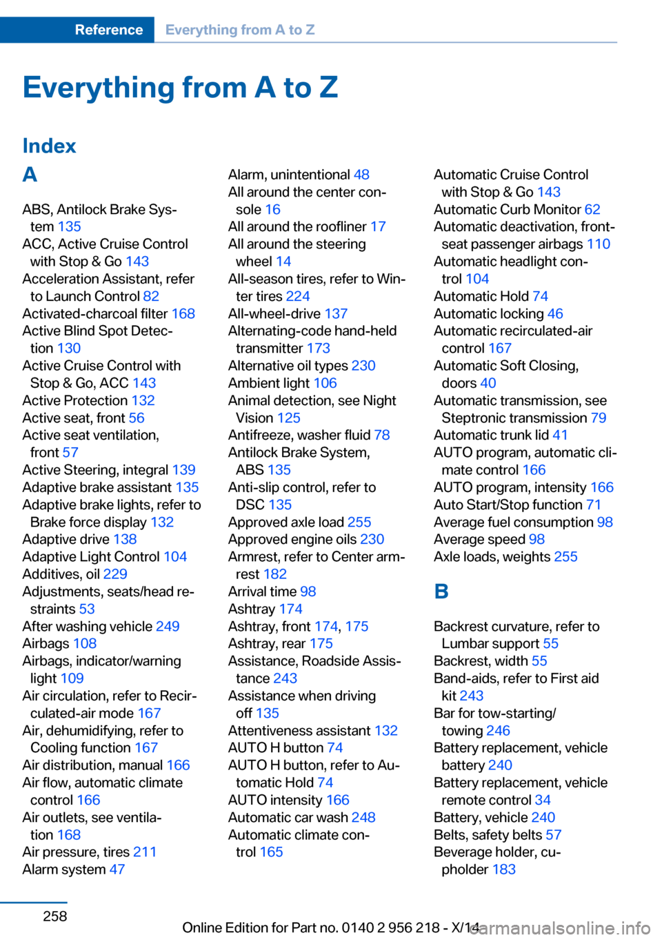 BMW 5 SERIES 2014 F10 Repair Manual Everything from A to Z
IndexA ABS, Antilock Brake Sys‐ tem  135 
ACC, Active Cruise Control with Stop & Go  143 
Acceleration Assistant, refer to Launch Control  82 
Activated-charcoal filter  168 
