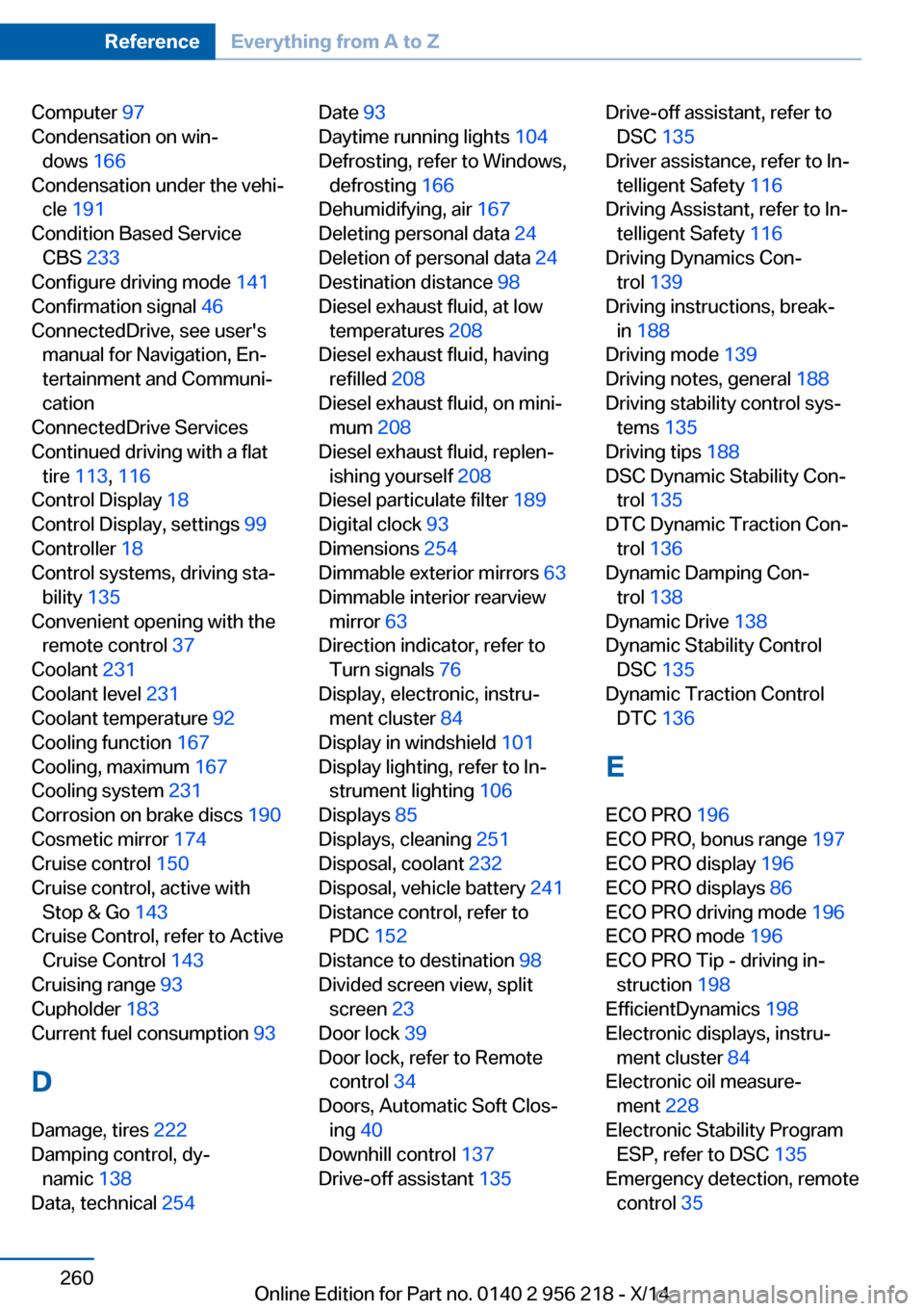 BMW 5 SERIES 2014 F10 Service Manual Computer 97 
Condensation on win‐ dows  166 
Condensation under the vehi‐ cle  191  
Condition Based Service CBS  233 
Configure driving mode  141 
Confirmation signal  46 
ConnectedDrive, see use