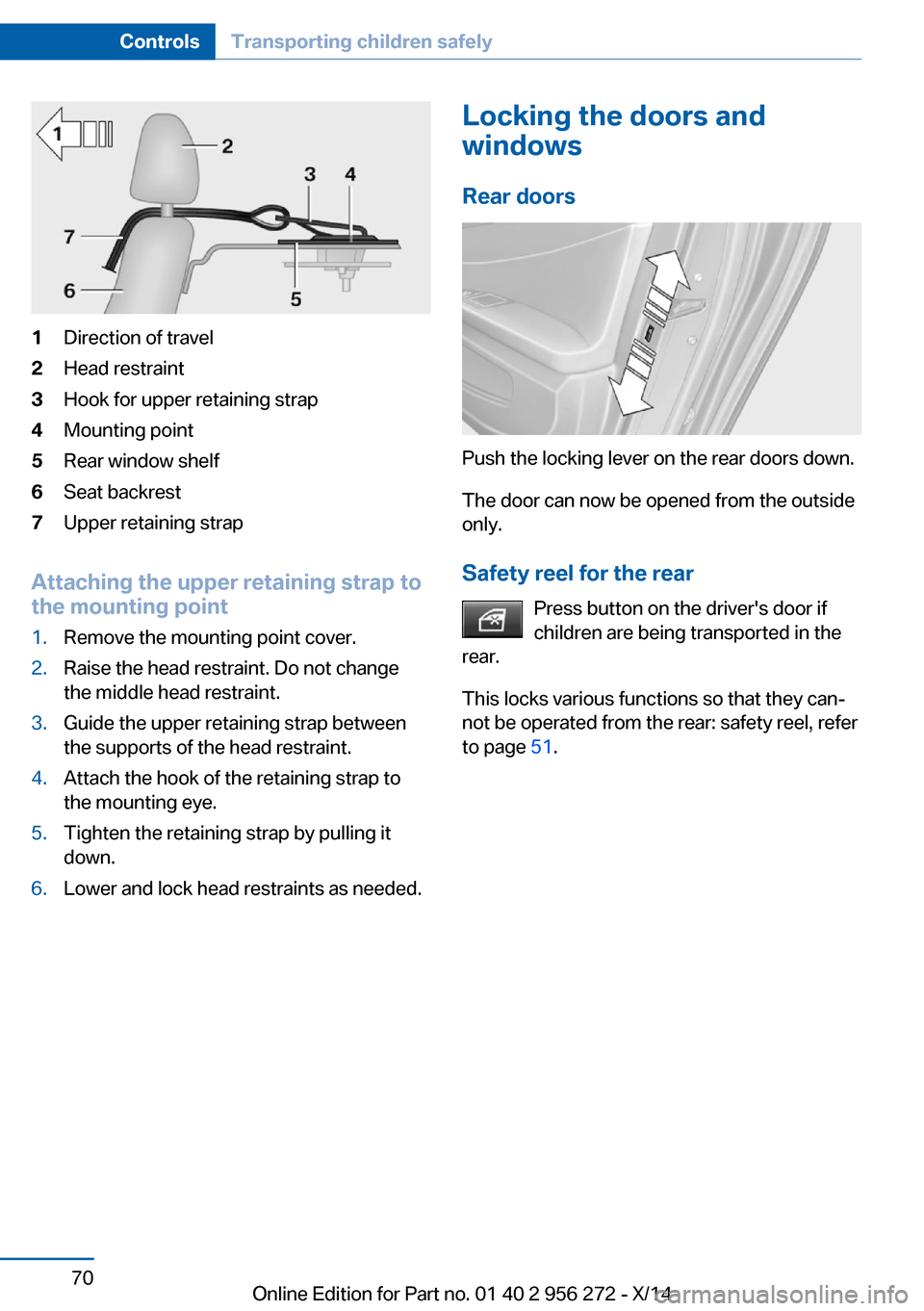 BMW ACTIVE HYBRID 5 2014 F10H Manual PDF 1Direction of travel2Head restraint3Hook for upper retaining strap4Mounting point5Rear window shelf6Seat backrest7Upper retaining strap
Attaching the upper retaining strap to
the mounting point
1.Remo BMW ACTIVE HYBRID 5 2014 F10H Manual PDF 1Direction of travel2Head restraint3Hook for upper retaining strap4Mounting point5Rear window shelf6Seat backrest7Upper retaining strap
Attaching the upper retaining strap to
the mounting point
1.Remo